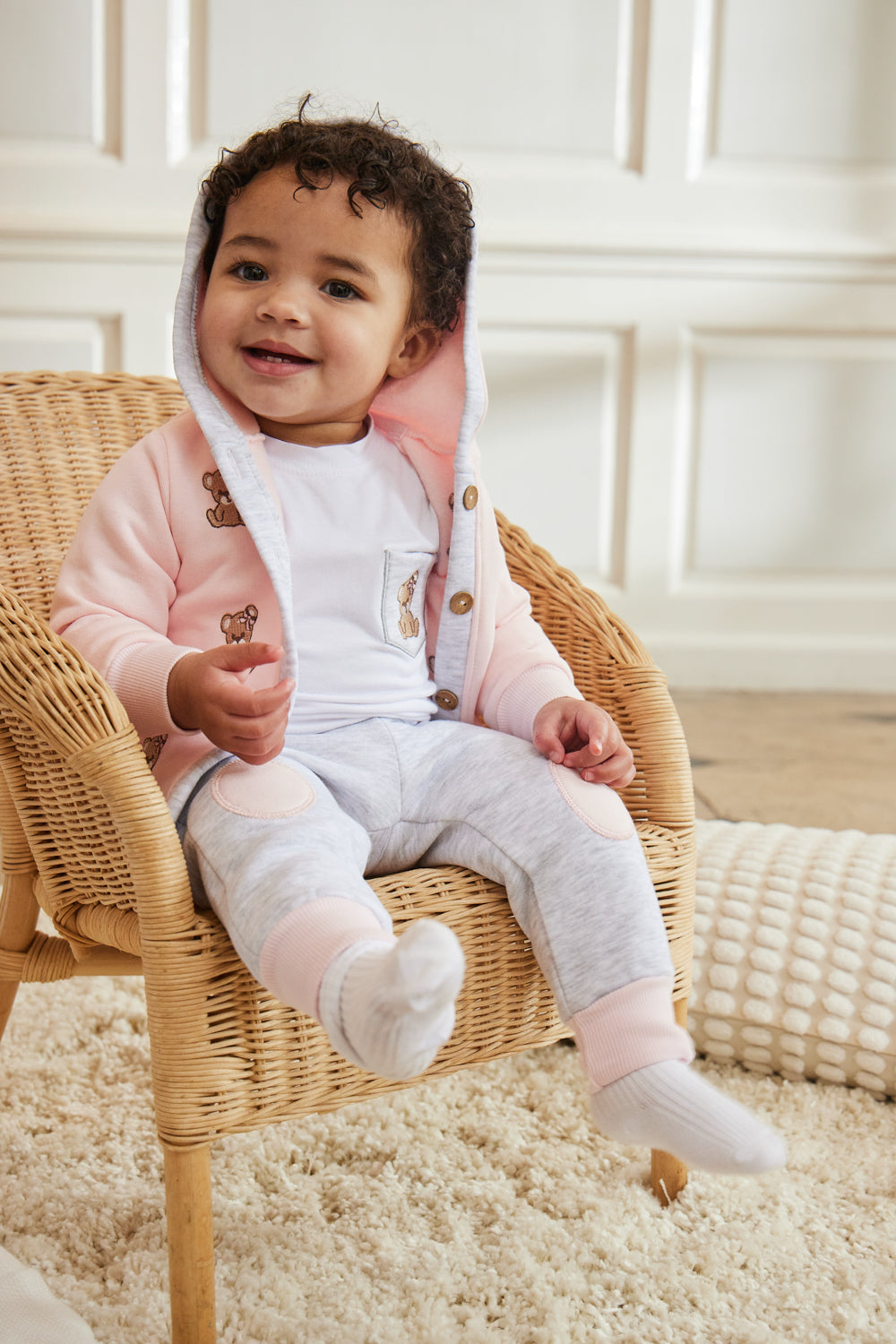 Pink and Grey 3-Piece Baby Outfit with Bear Embroidery