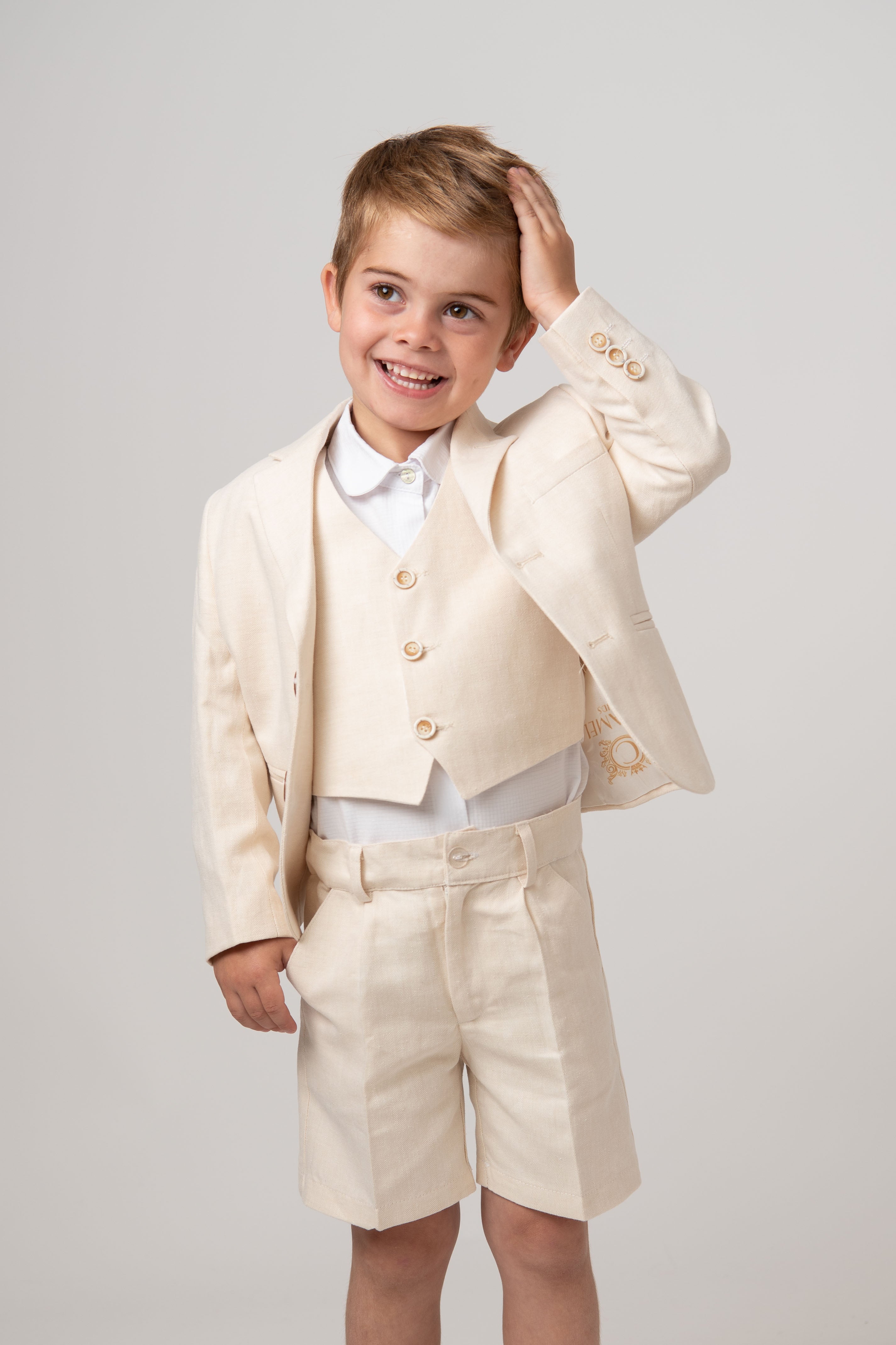 Beige Boys' Linen Blend 3-Piece Suit Set