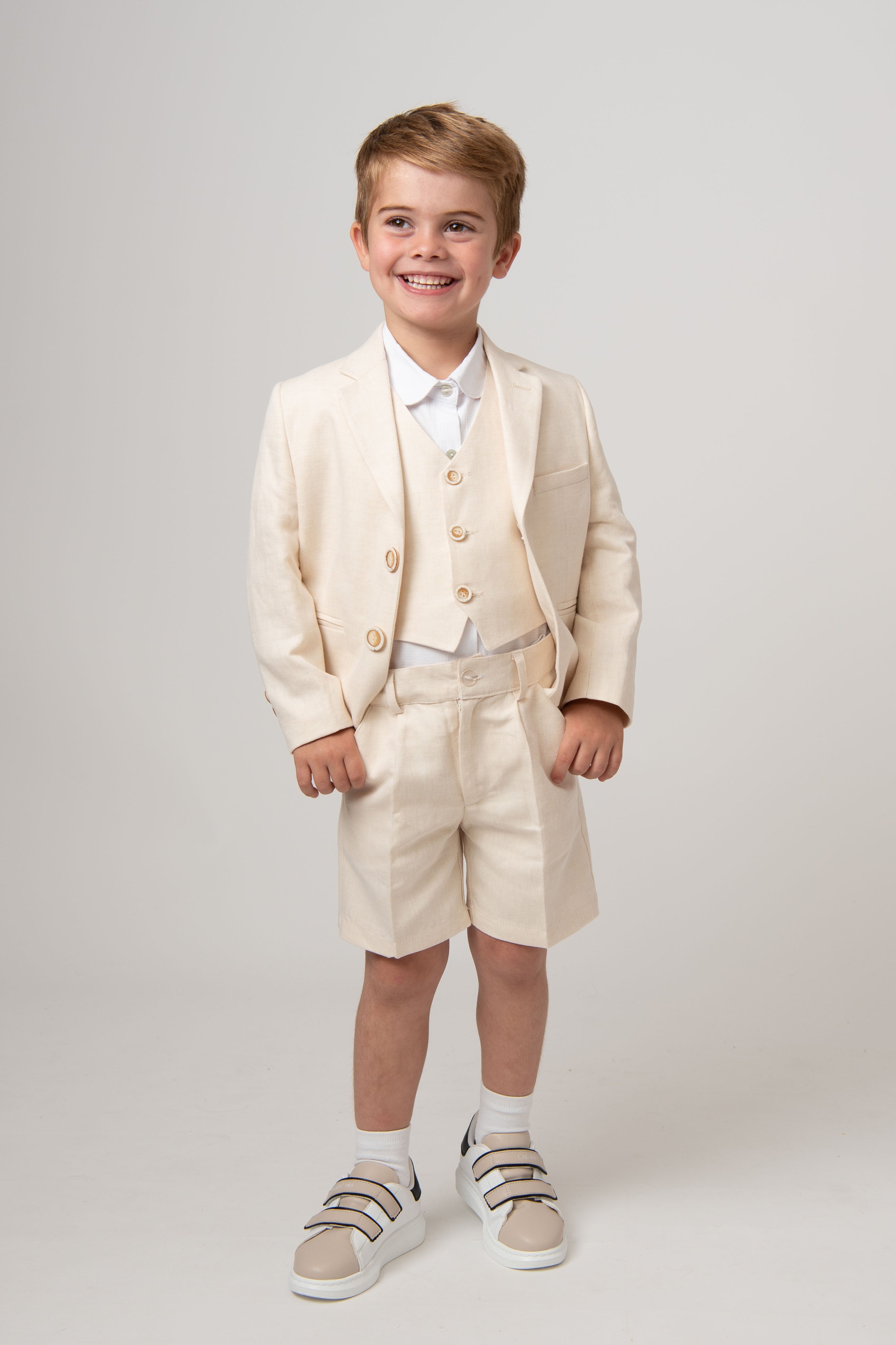 Beige Boys' Linen Blend 3-Piece Suit Set