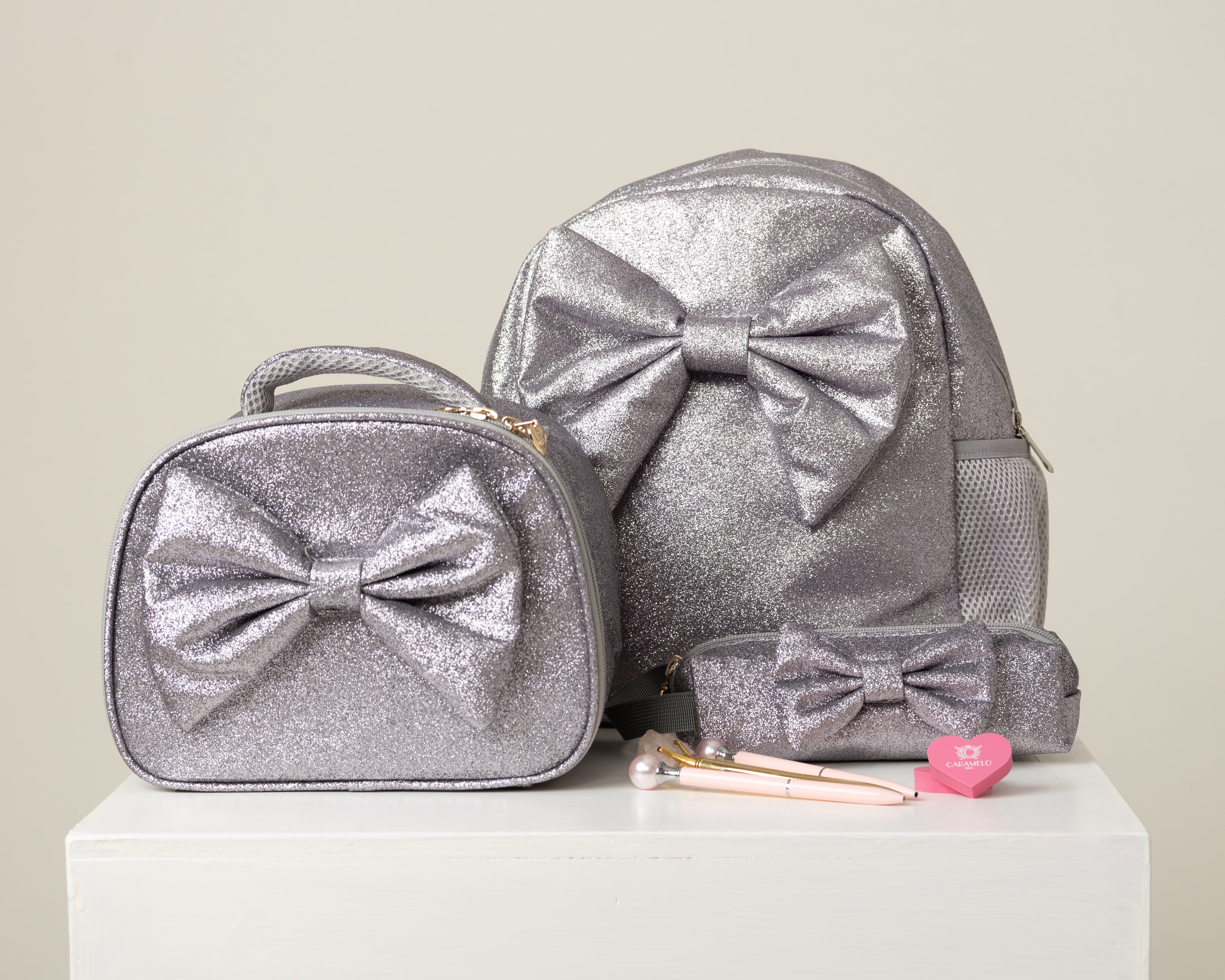 Silver Glitter Bow Pencil Case