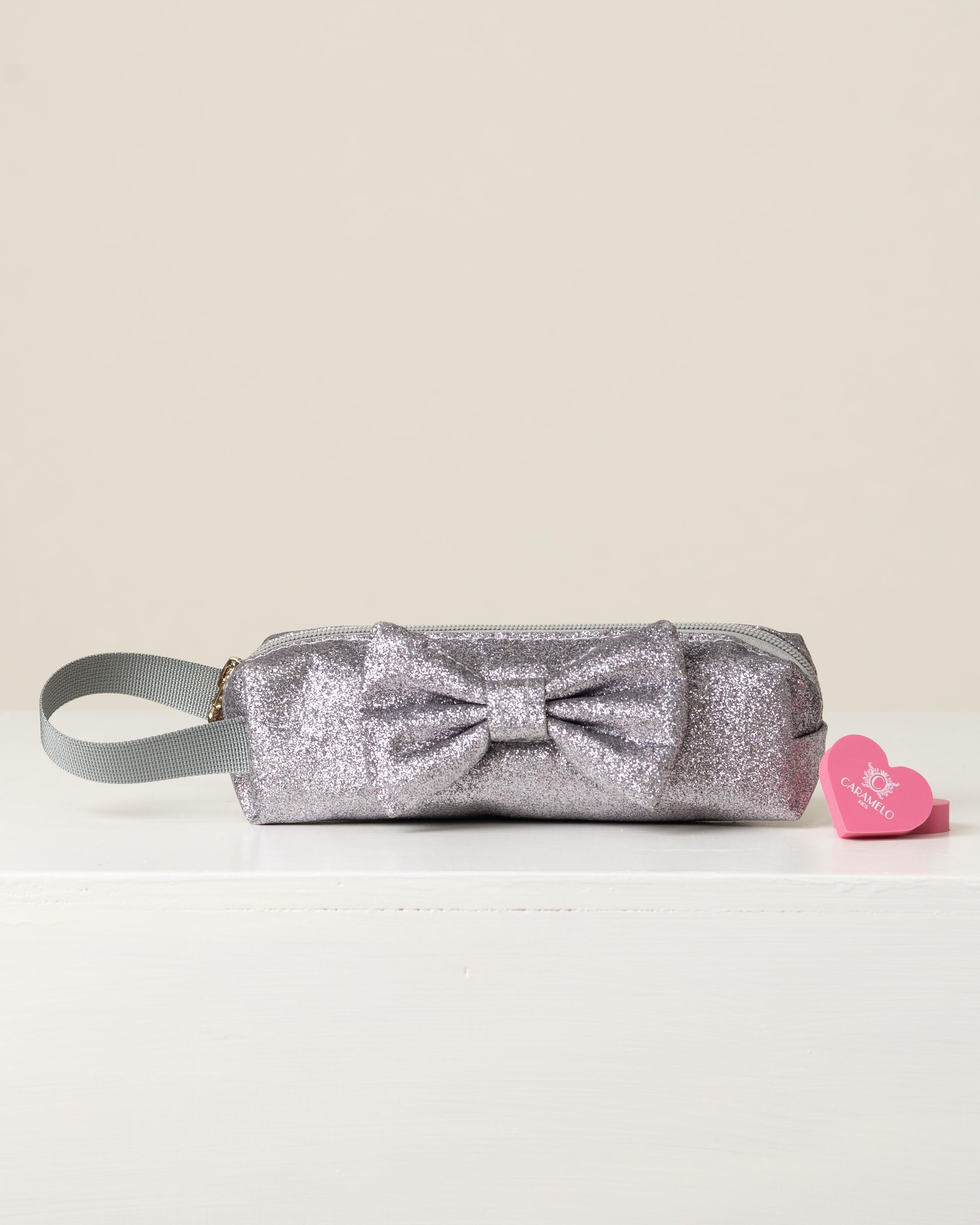 Silver Glitter Pencil Case with Bow