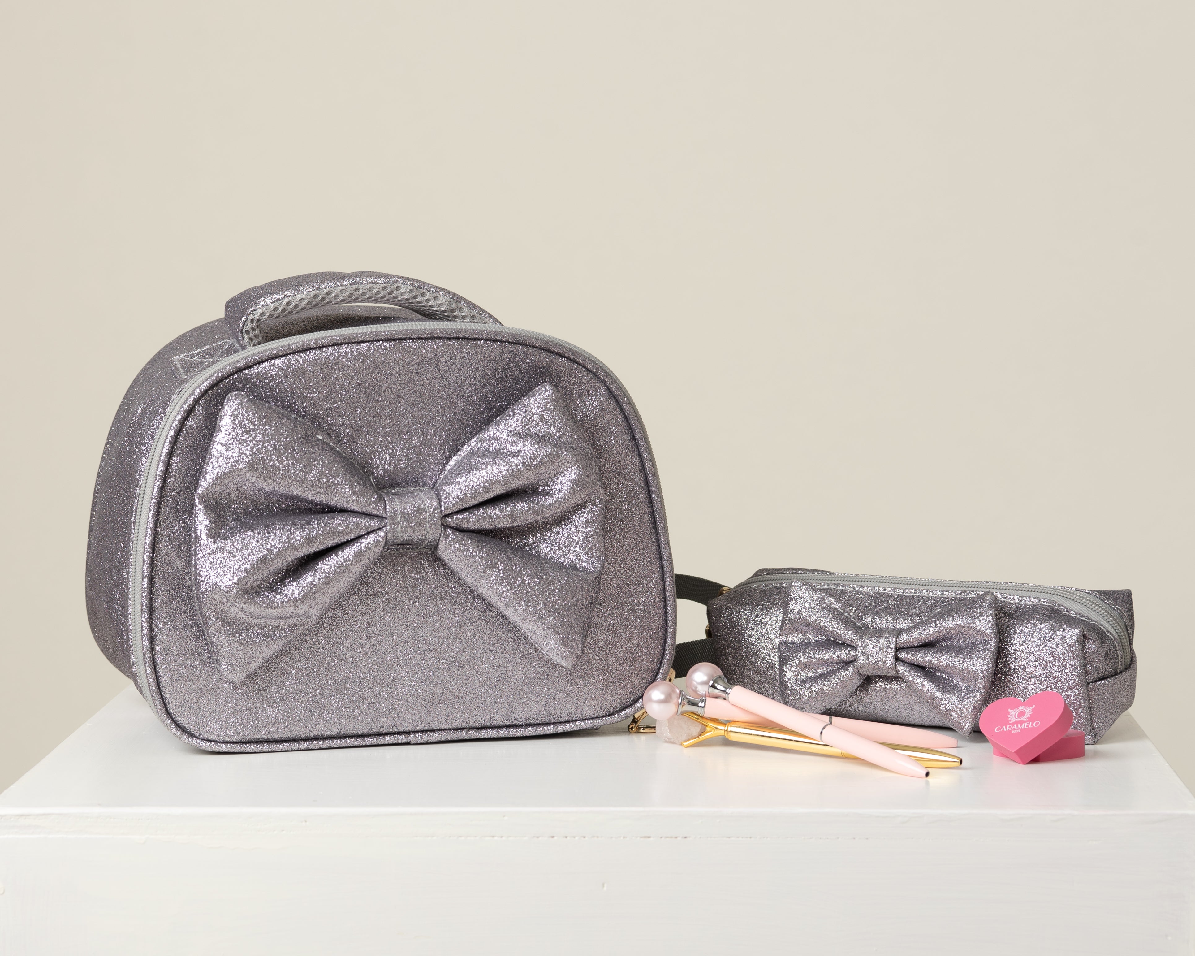 Silver Glitter Pencil Case with Bow