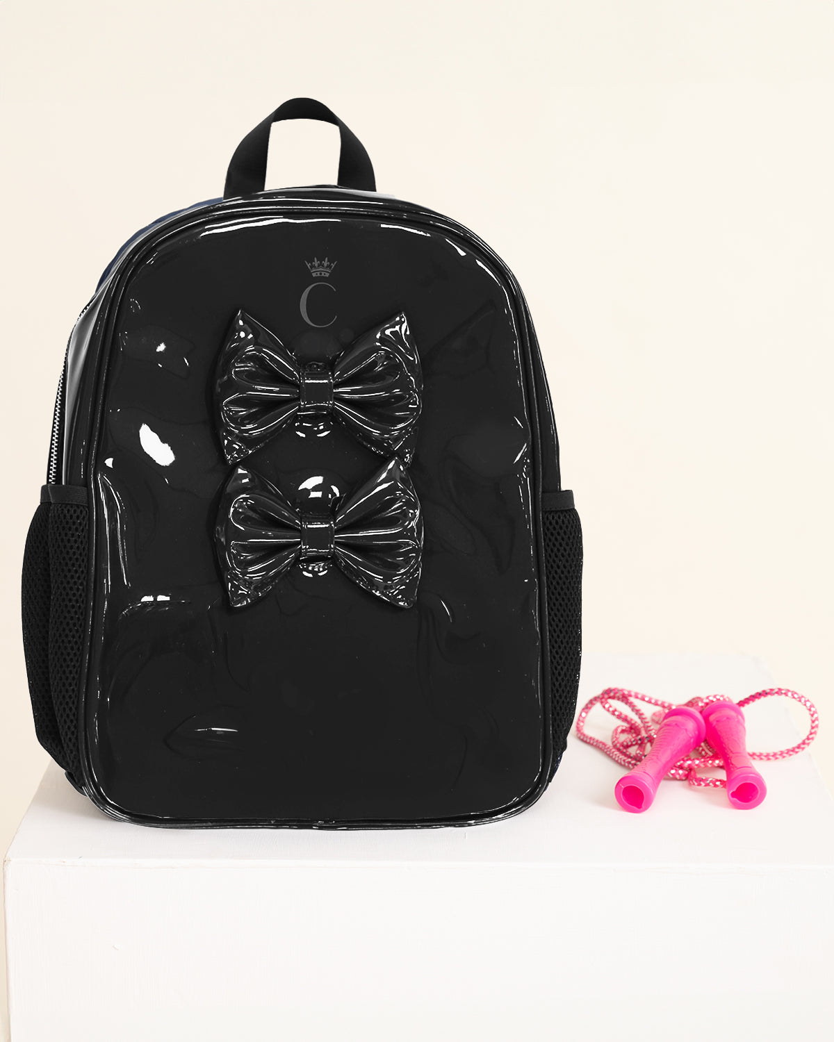 Black Patent Double Bow Backpack