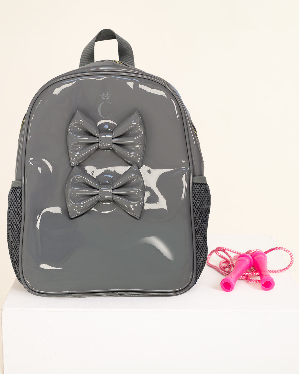 Grey Patent Double Bow Backpack