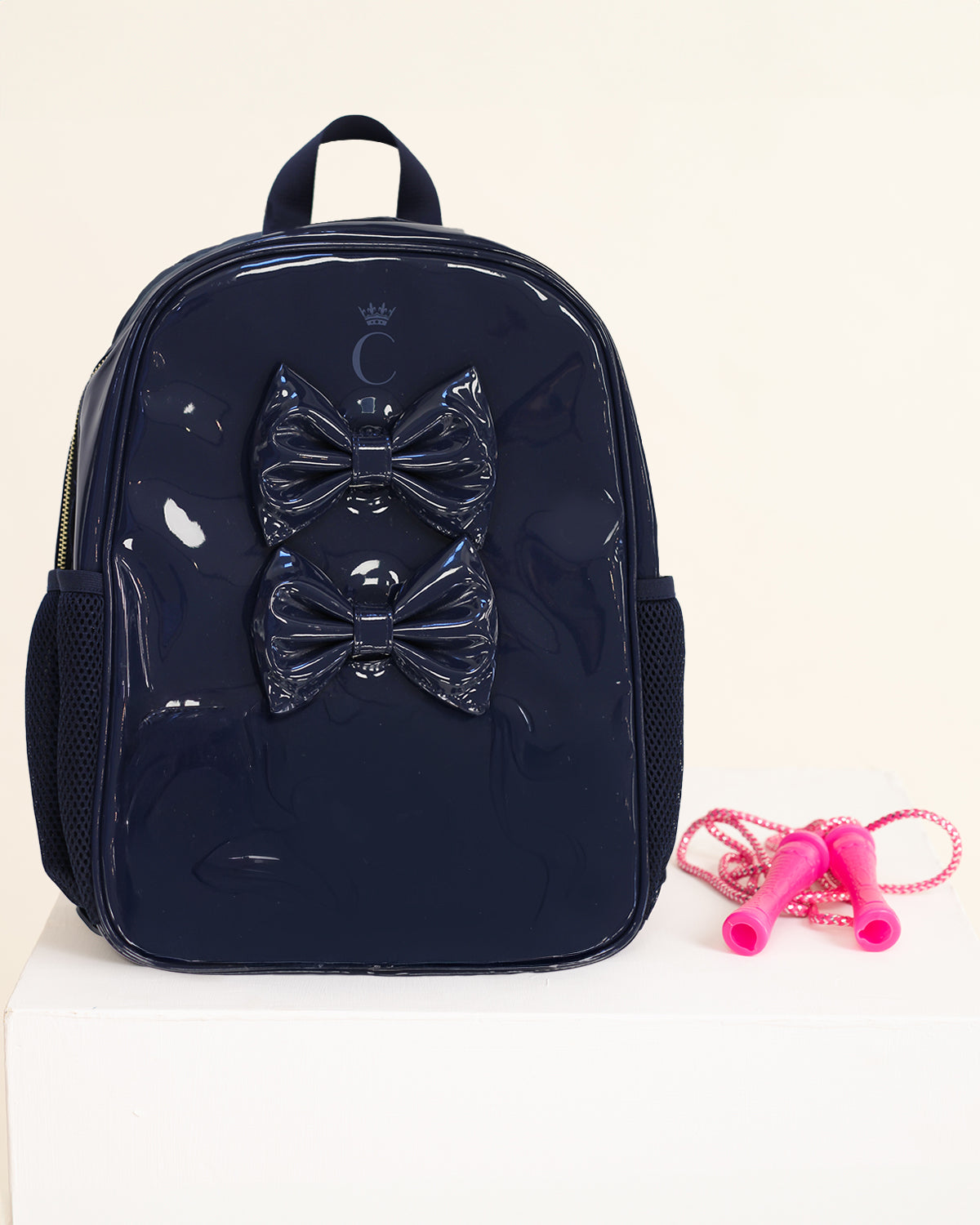 Navy Patent Double Bow Backpack