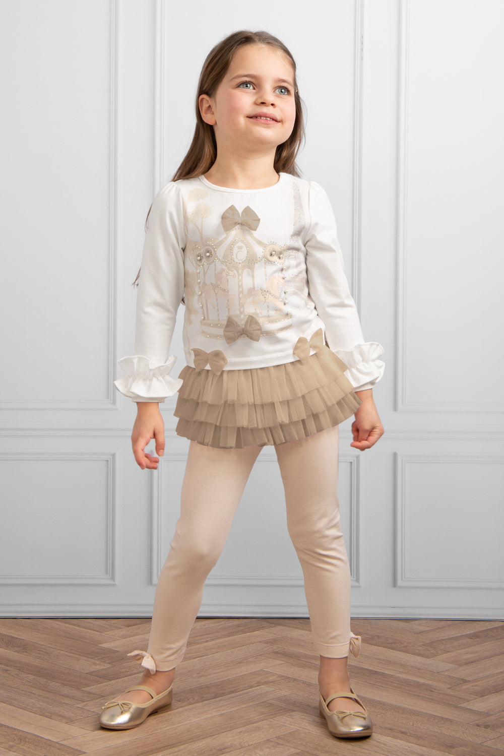 Mink Ruffled Top Set with Carousel and Eiffel Tower Design (4-9 years)