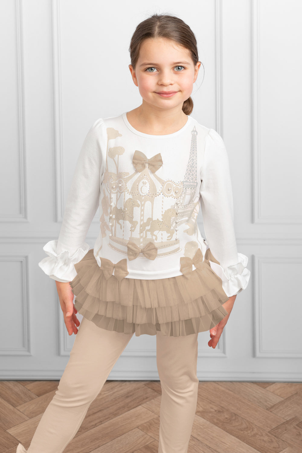 Mink Ruffled Top Set with Carousel and Eiffel Tower Design (4-9 years)