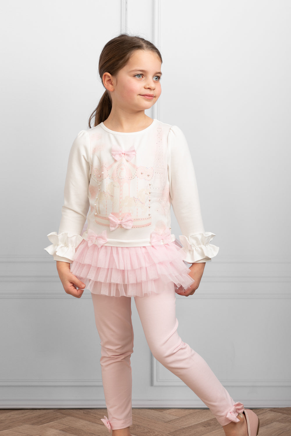 Pink Ruffled Leggings Set with Carousel and Eiffel Tower Design (12 months-3 years)