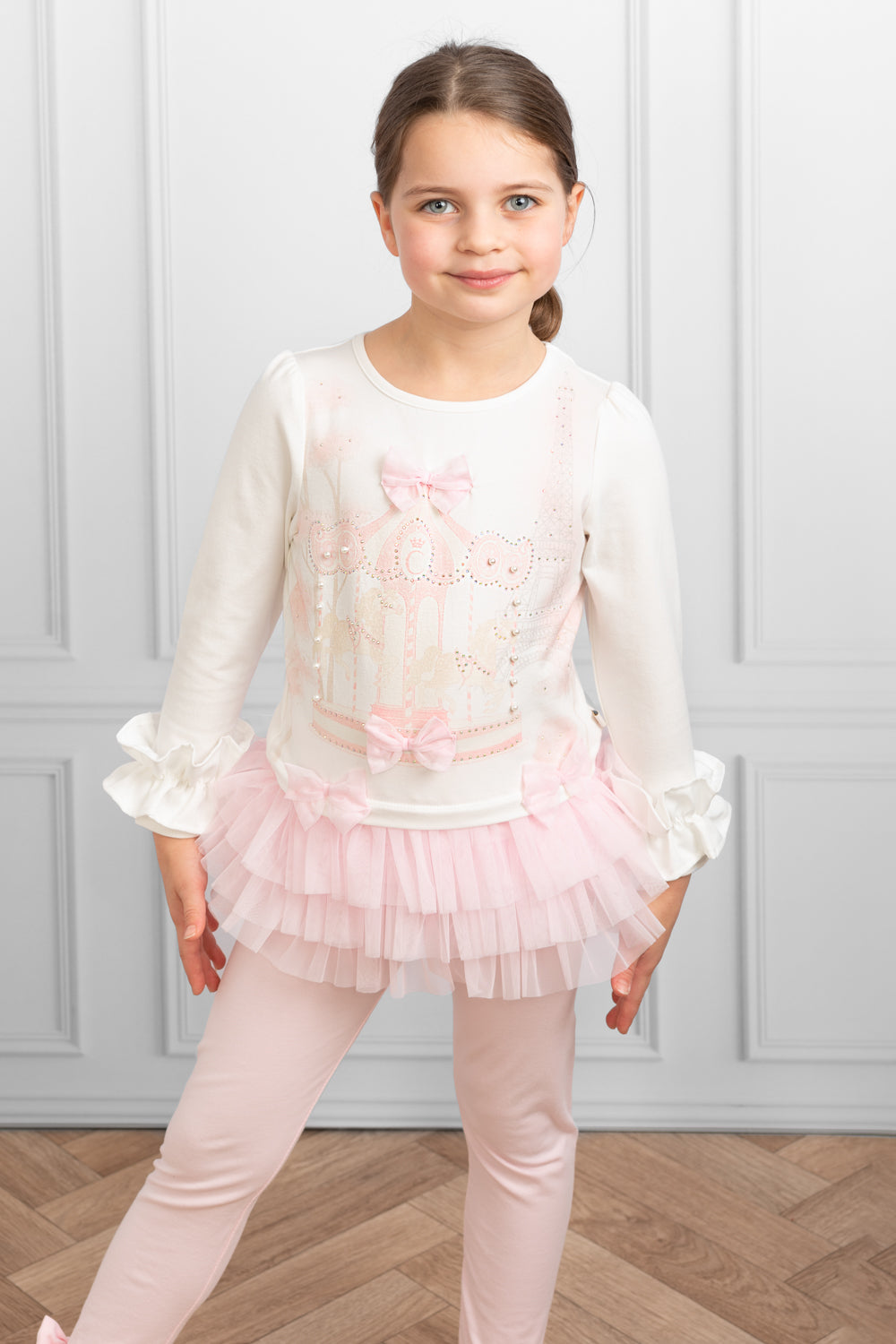 Pink Ruffled Leggings Set with Carousel and Eiffel Tower Design (4-8 years)