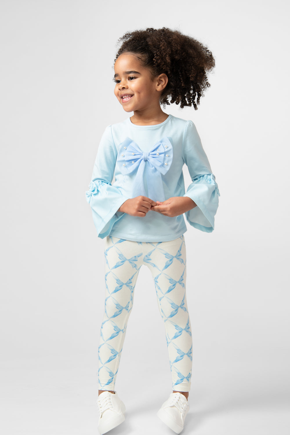 Sky Blue Top and Leggings Set with Bow Design (4-8 years)