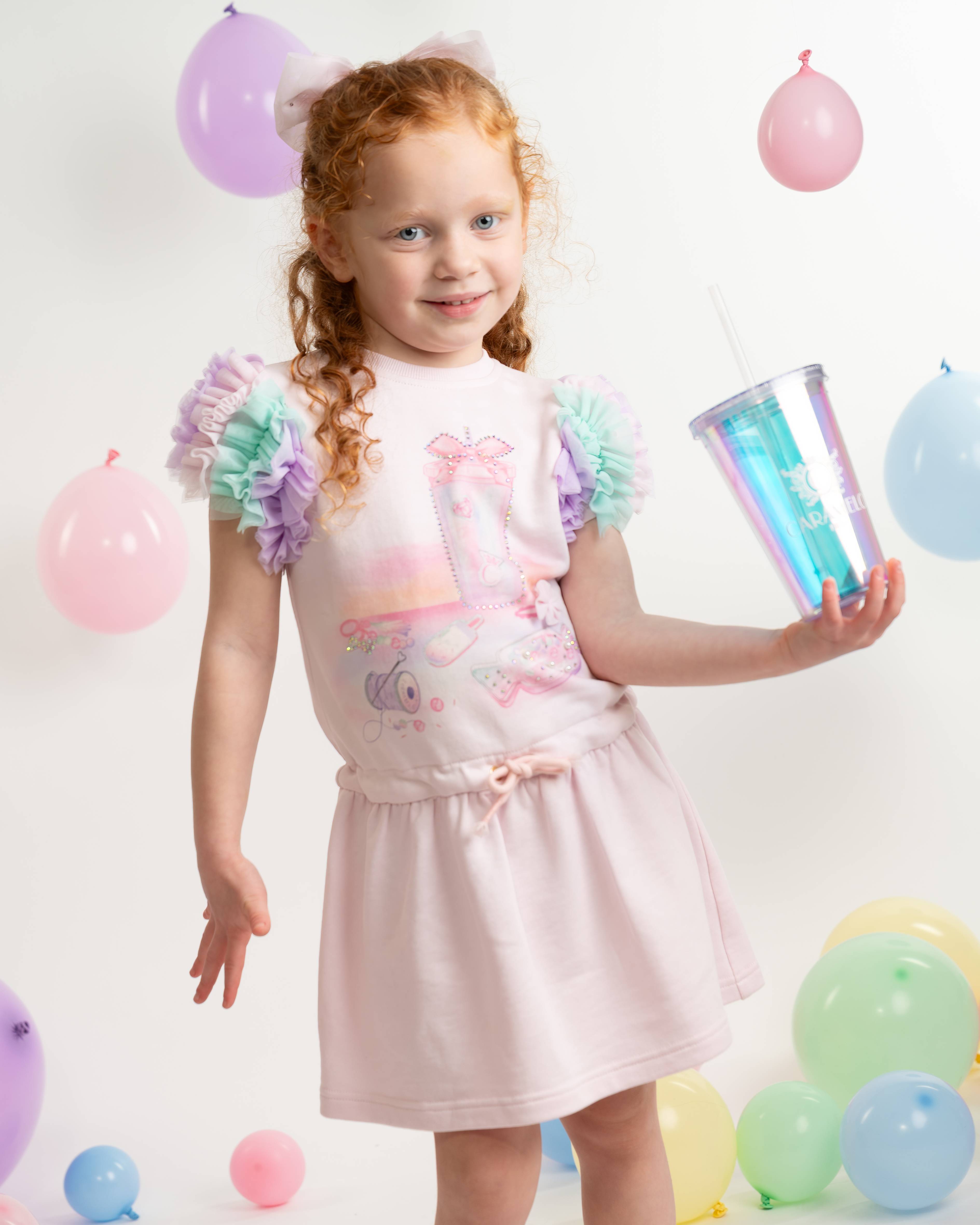 Rainbow Ruffle Sleeve Party Dress with Branded Straw Cup