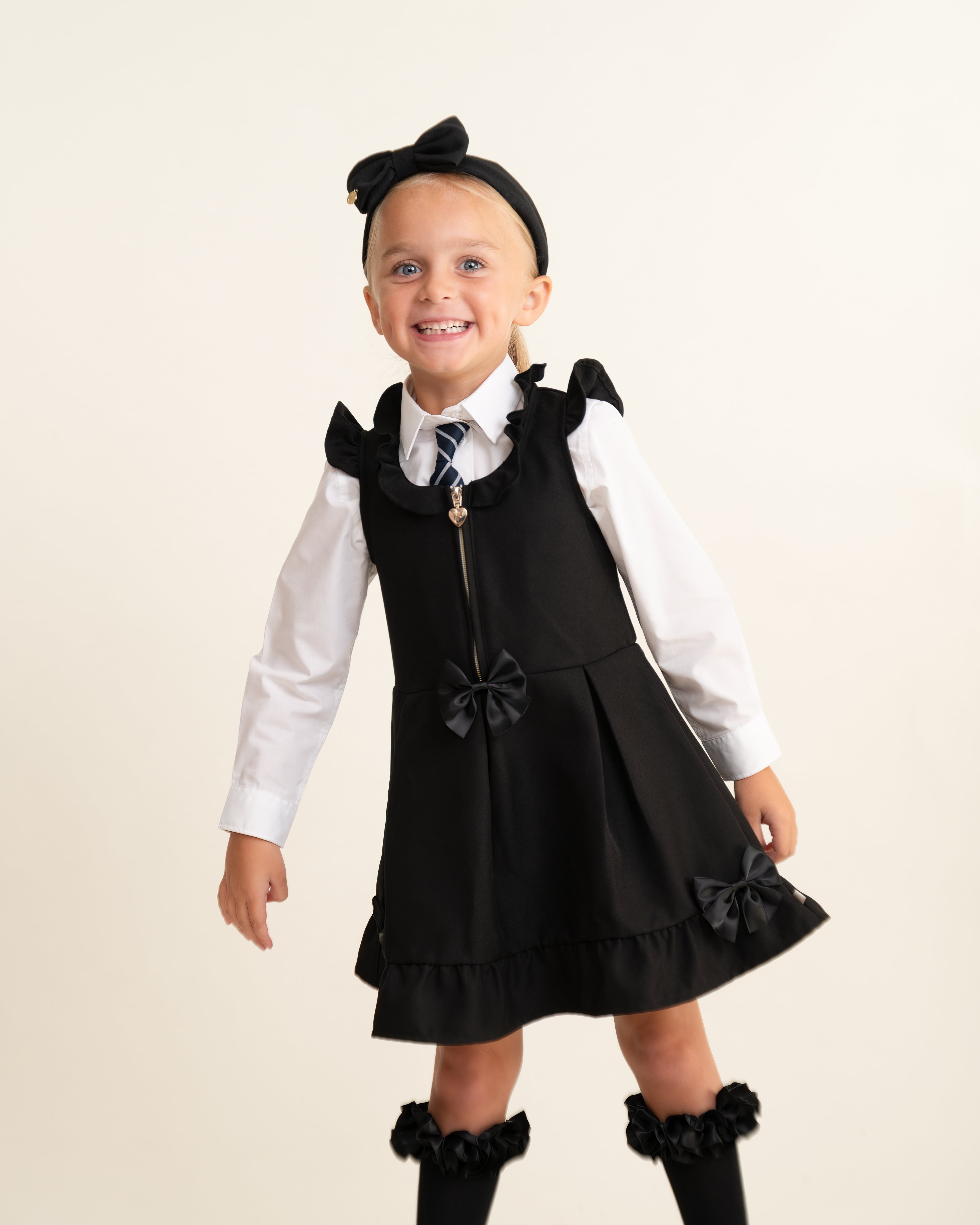 Black Zip Front Pinafore with Bow Details