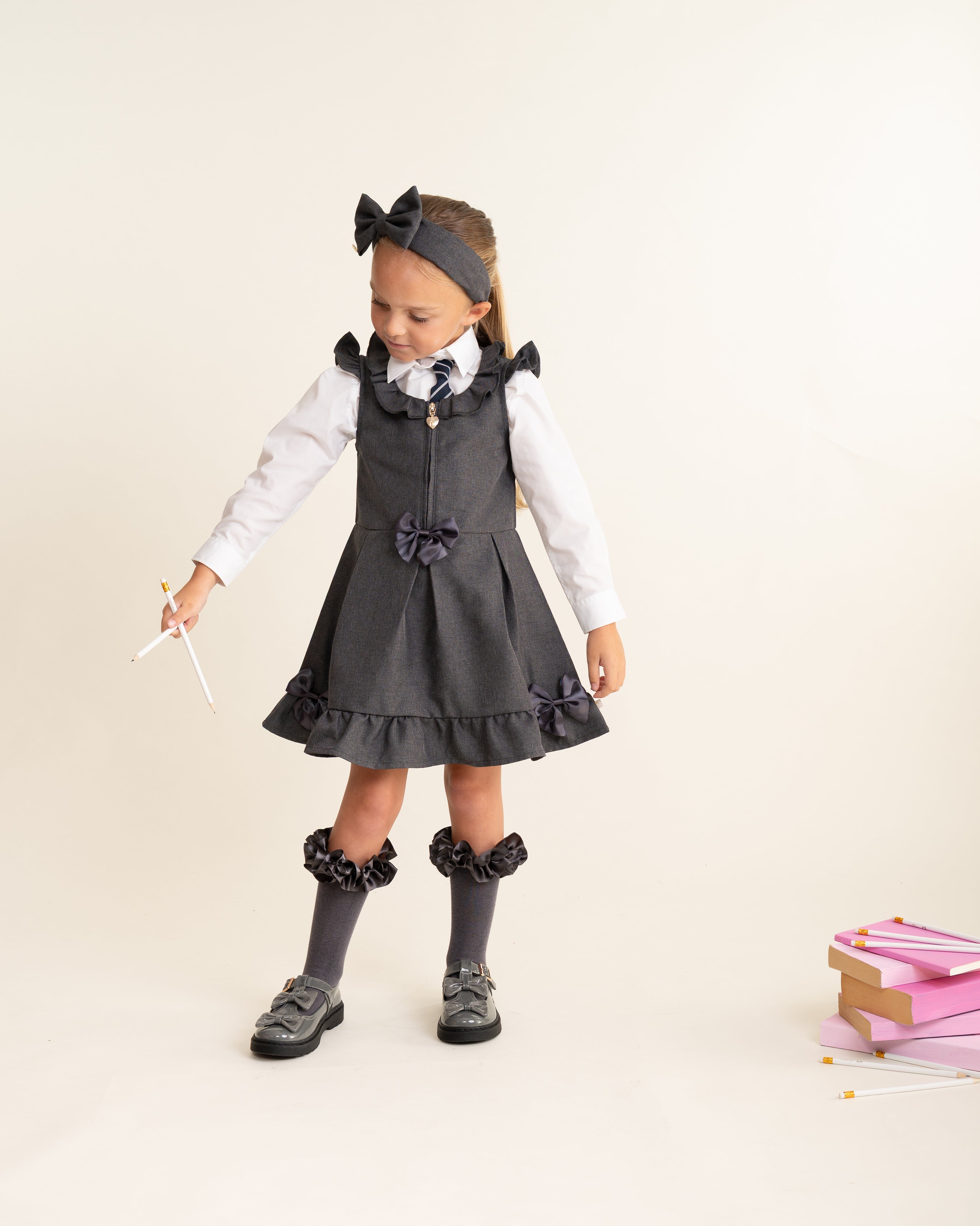 Grey Zip Front Dress with Bow Details