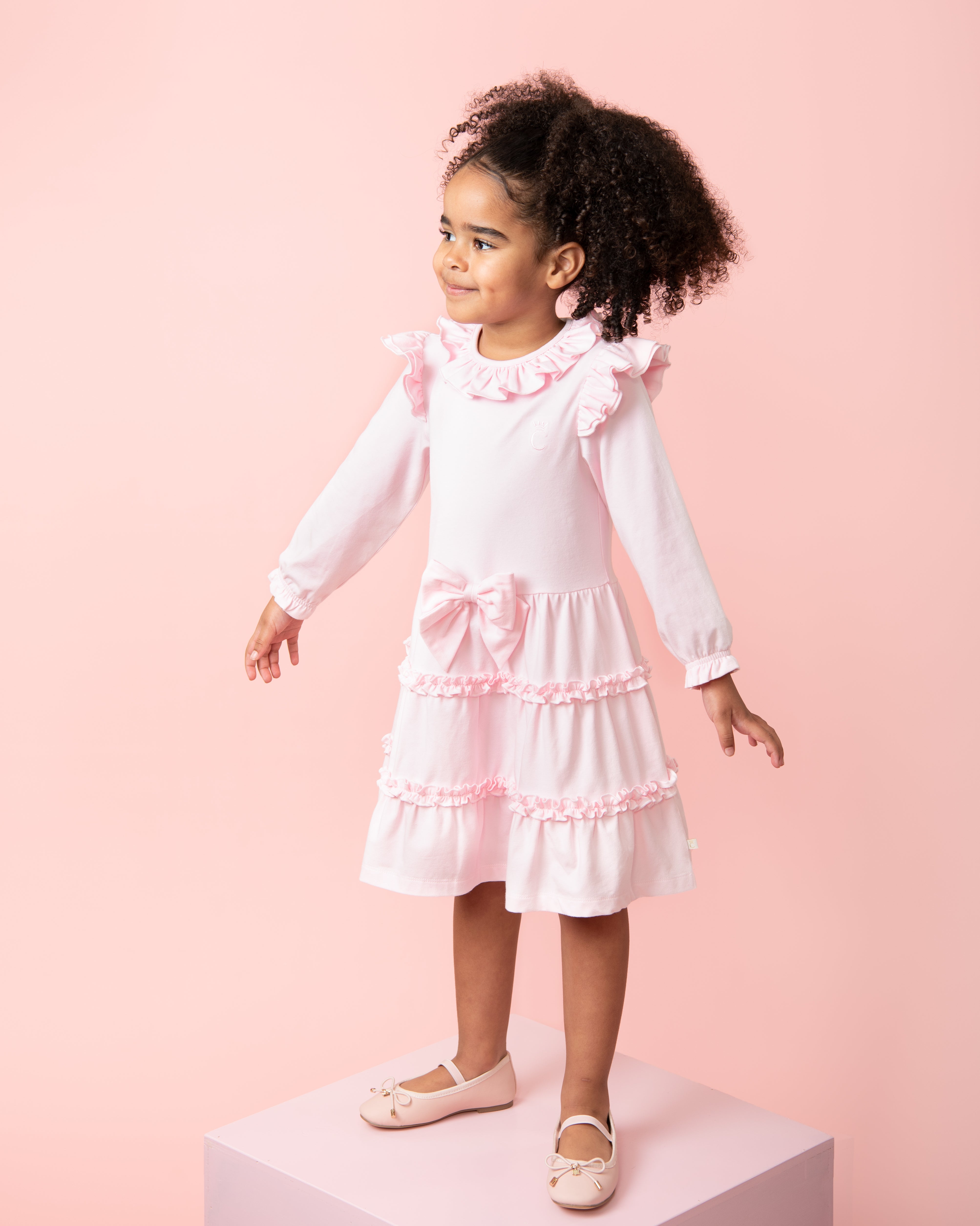 Pink Long-Sleeve Dress with Ruffles and Waist Bow