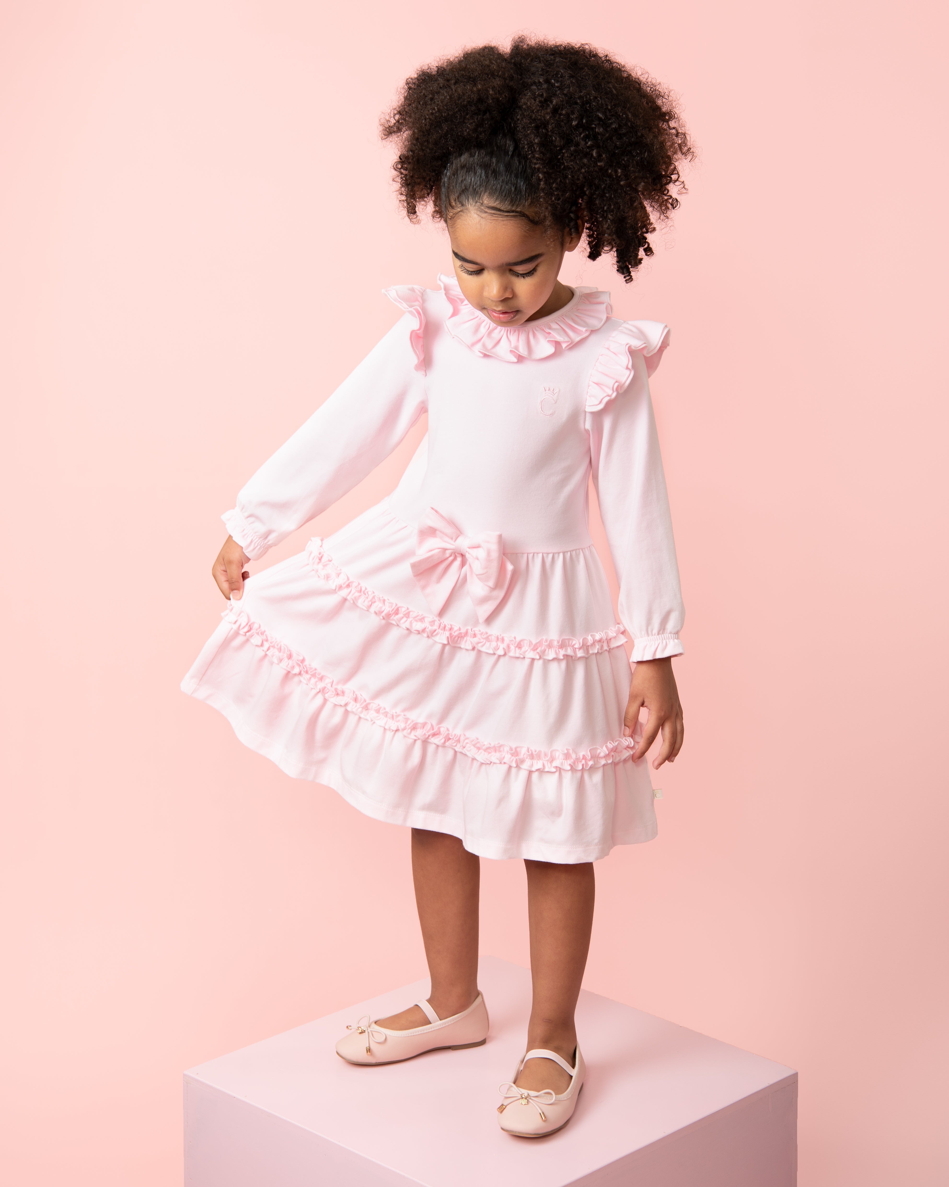 Pink Long-Sleeve Dress with Ruffles and Waist Bow