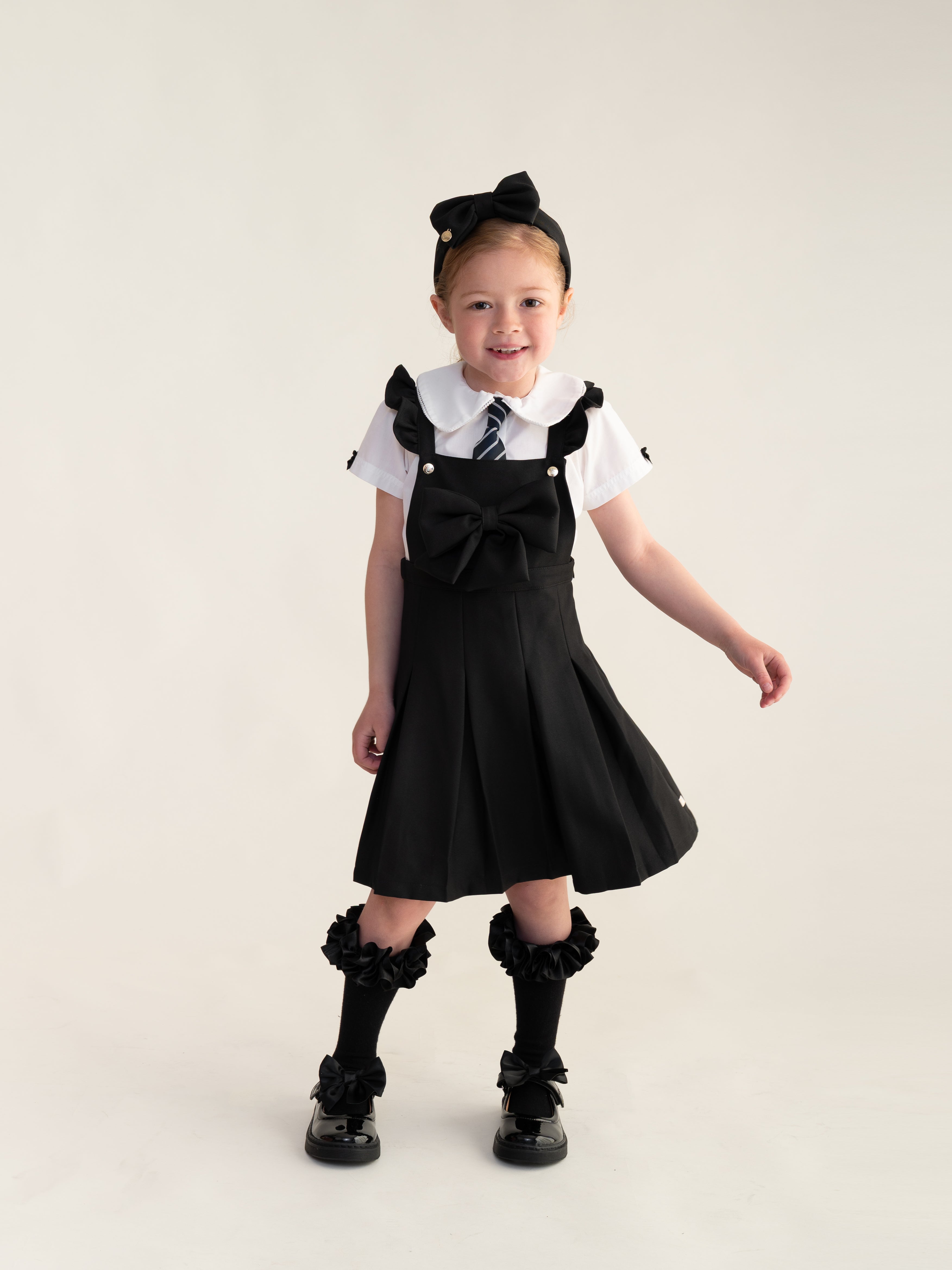 Black Frill Pinafore School Dress with Bow