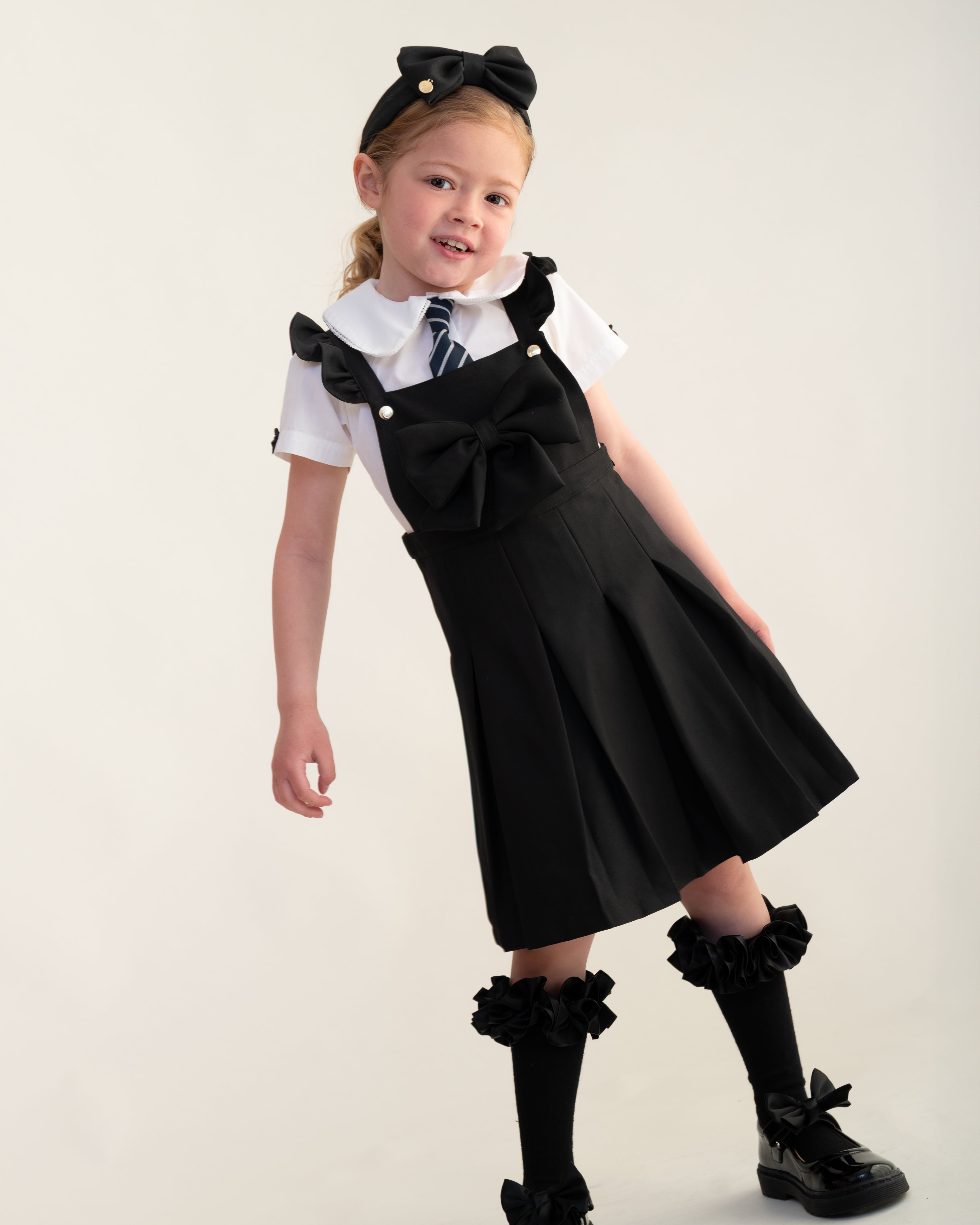Black Frill Pinafore School Dress with Bow
