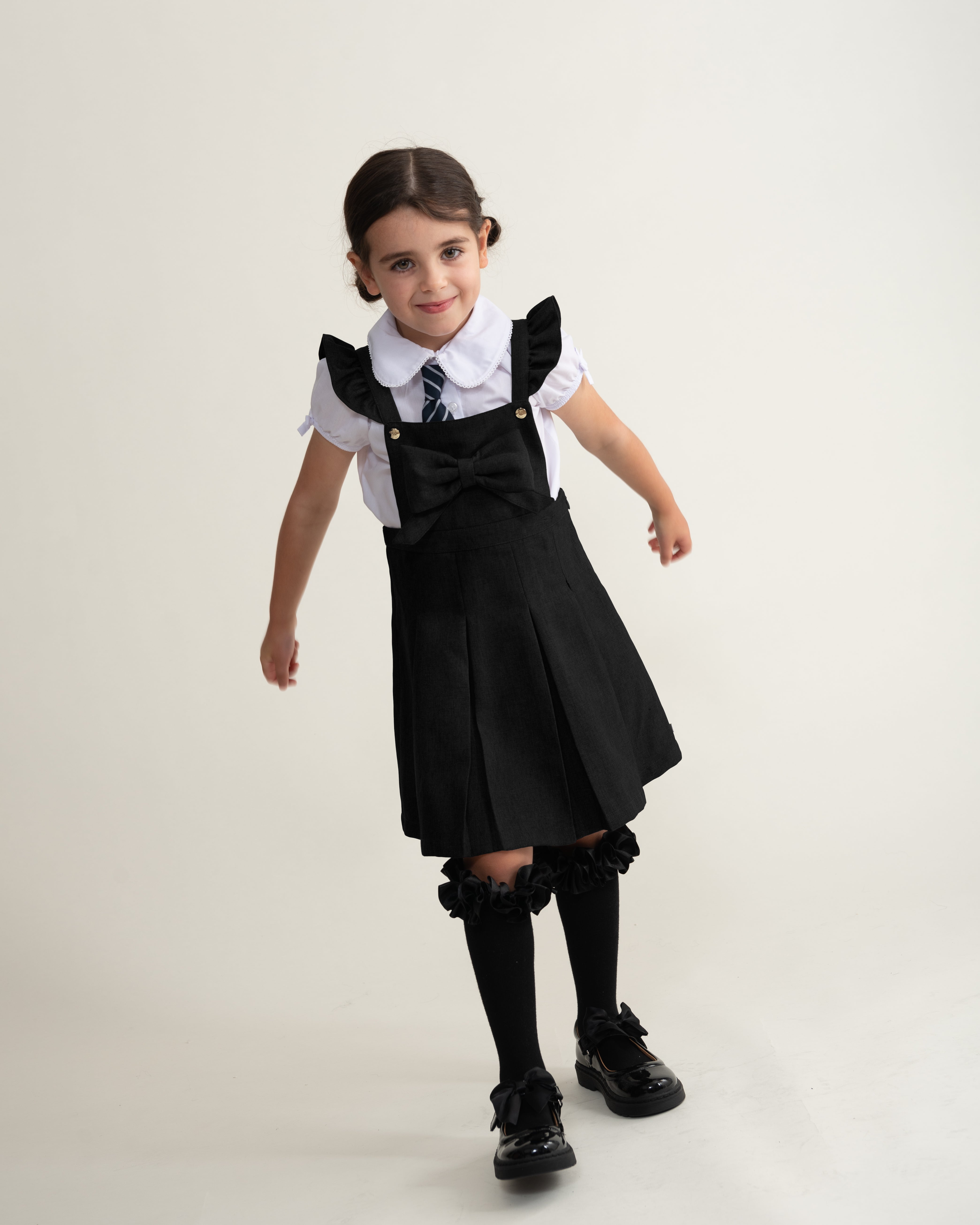 Black Frill Pinafore School Dress with Bow