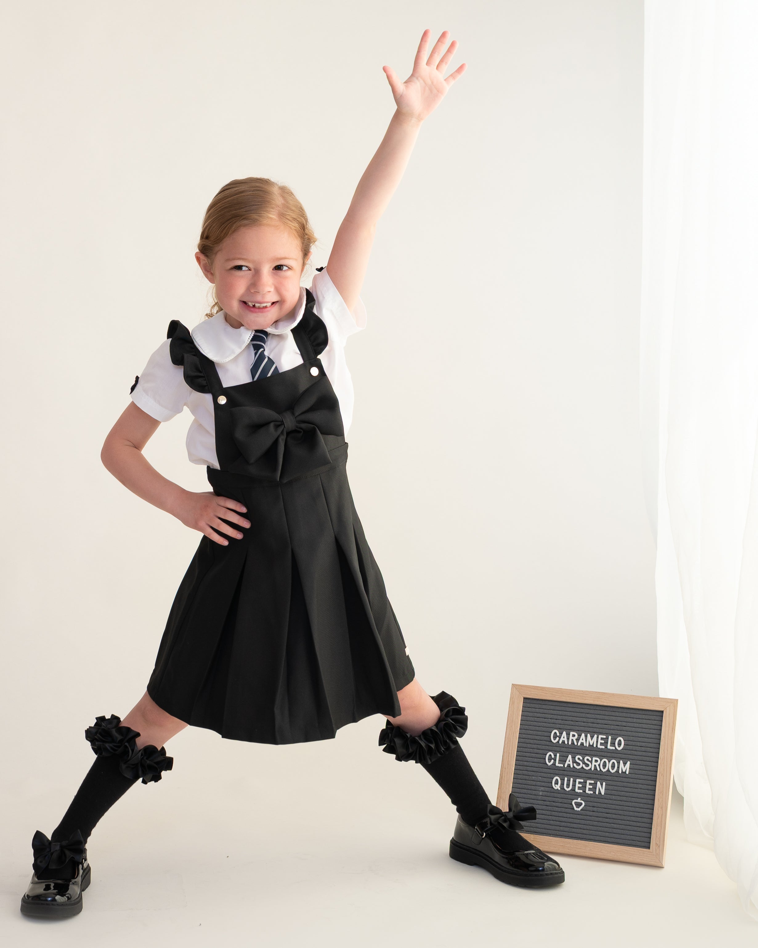 Black Frill Pinafore School Dress with Bow