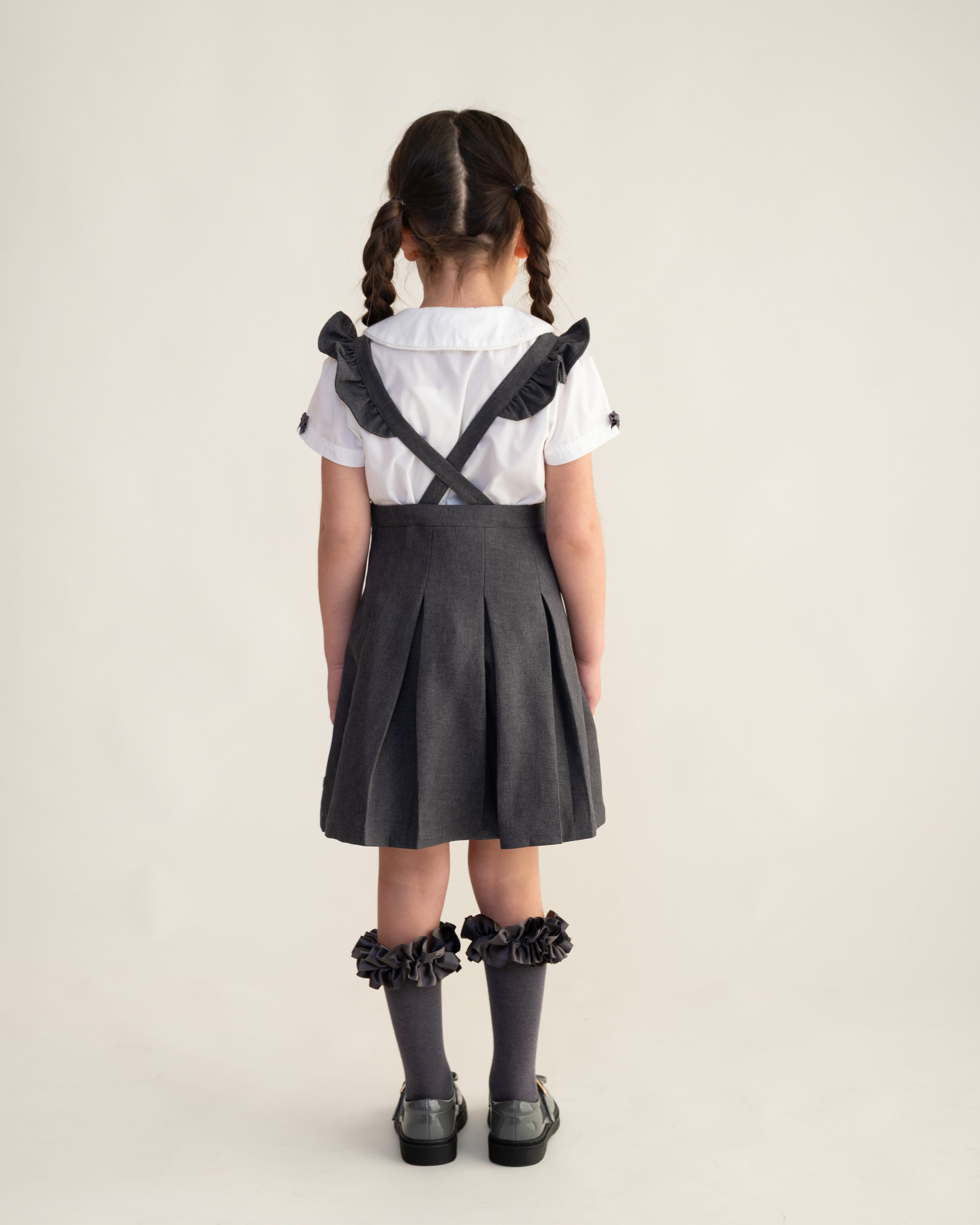 Grey Frill Pinafore School Dress with Bow