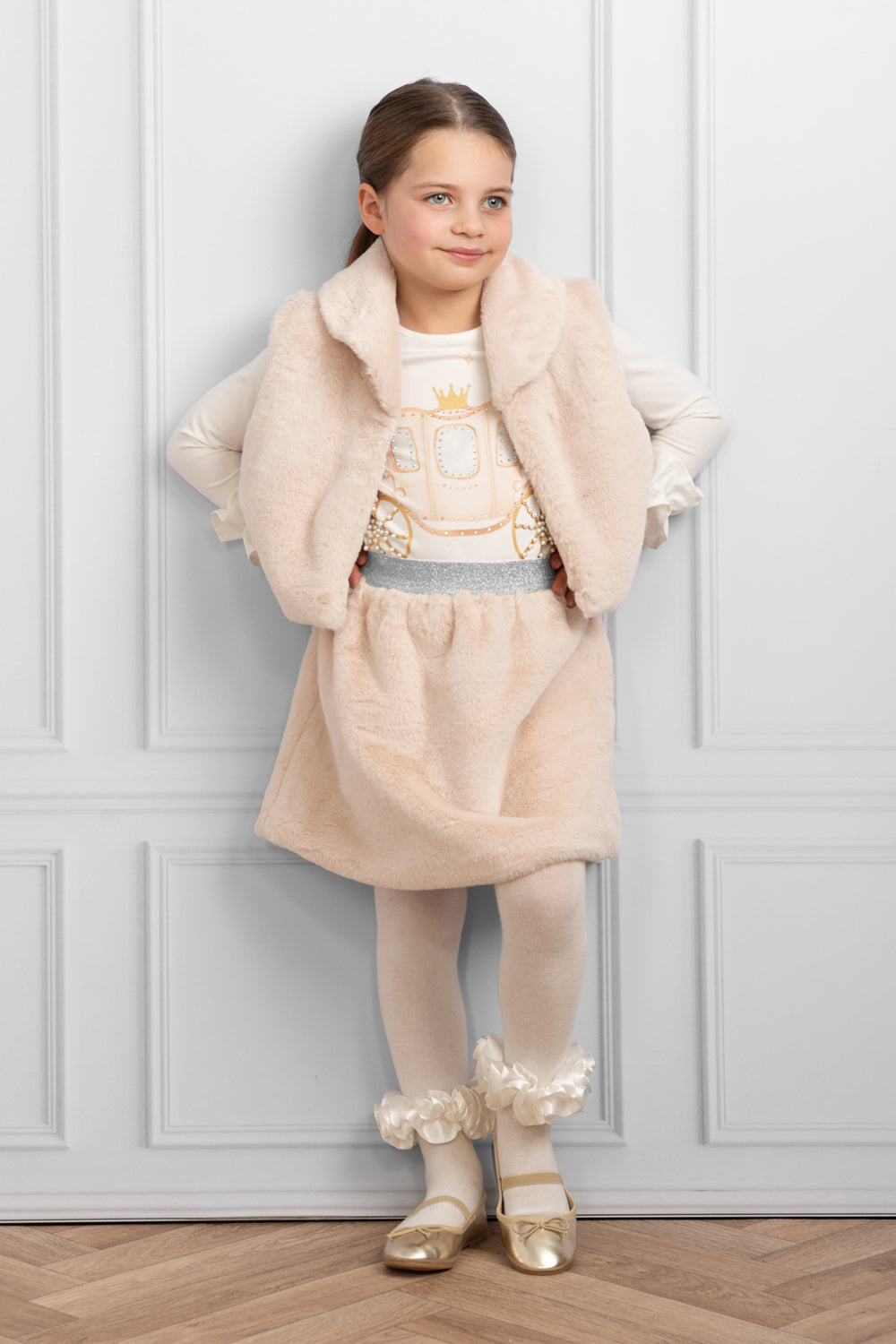 Mink Faux Fur Skirt Set with Royal Carriage Design (5-9 years)