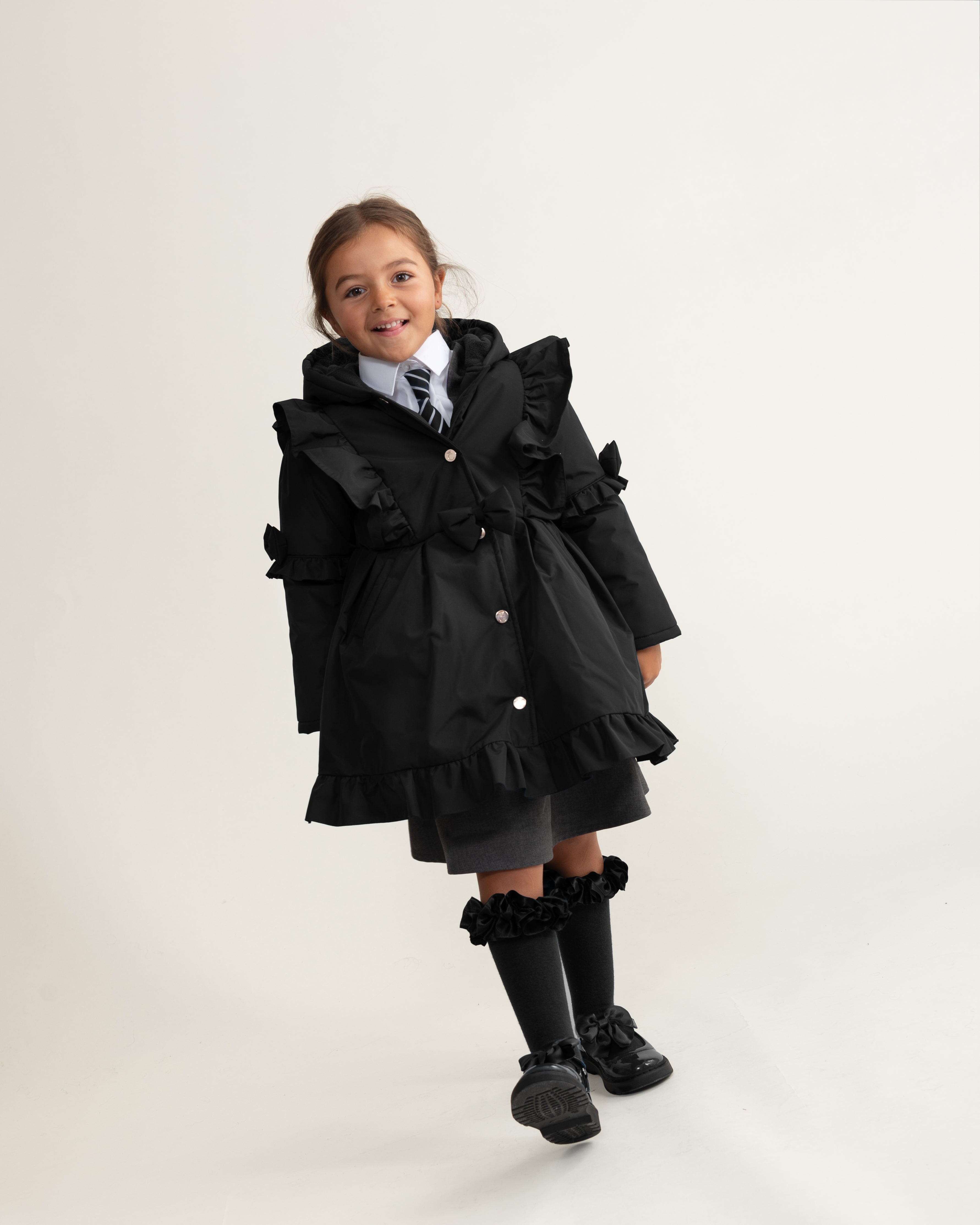 Black Hooded Skirted Coat with Frill Bow Detail