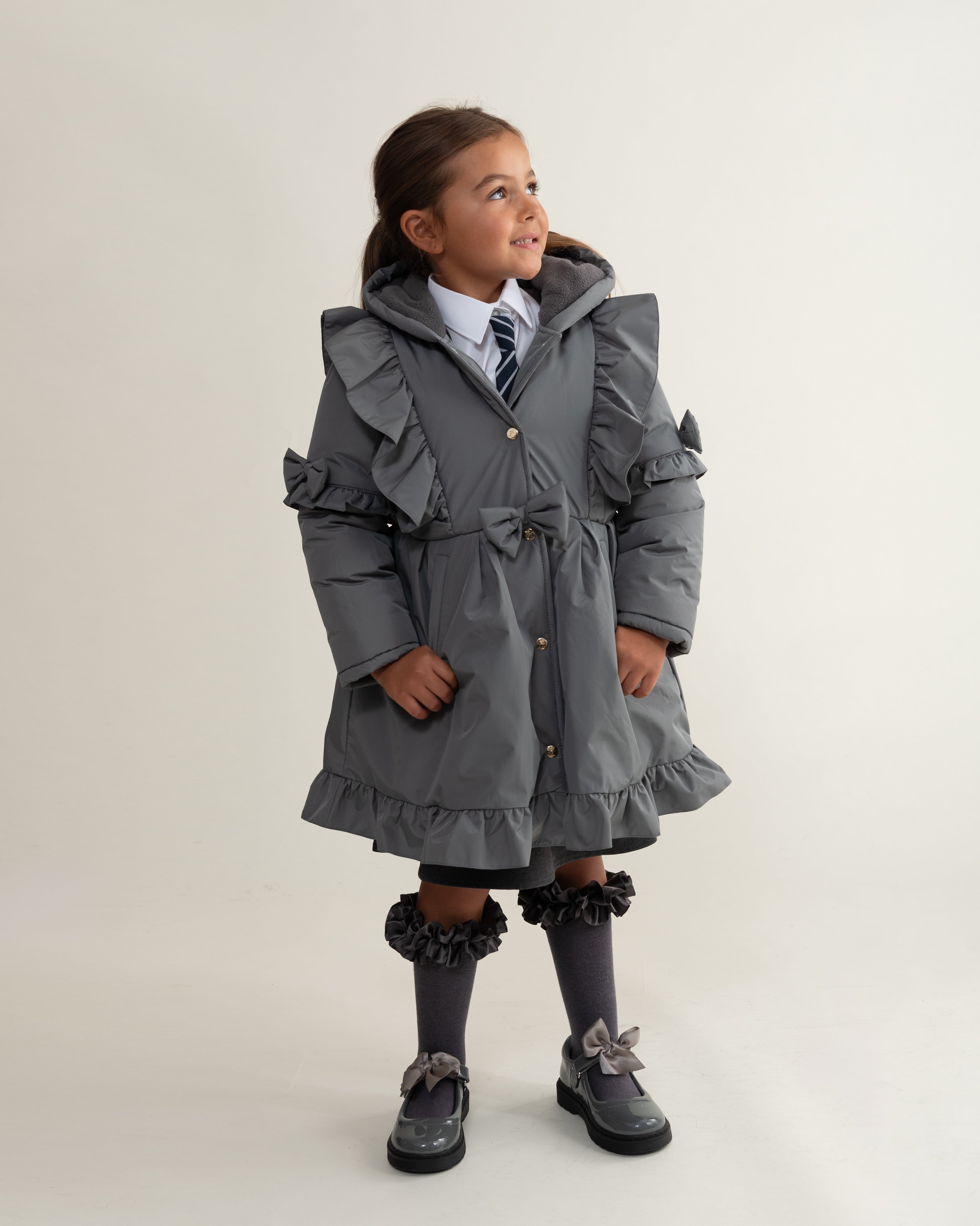 Grey Hooded Skirted Coat with Frill Bow Detail