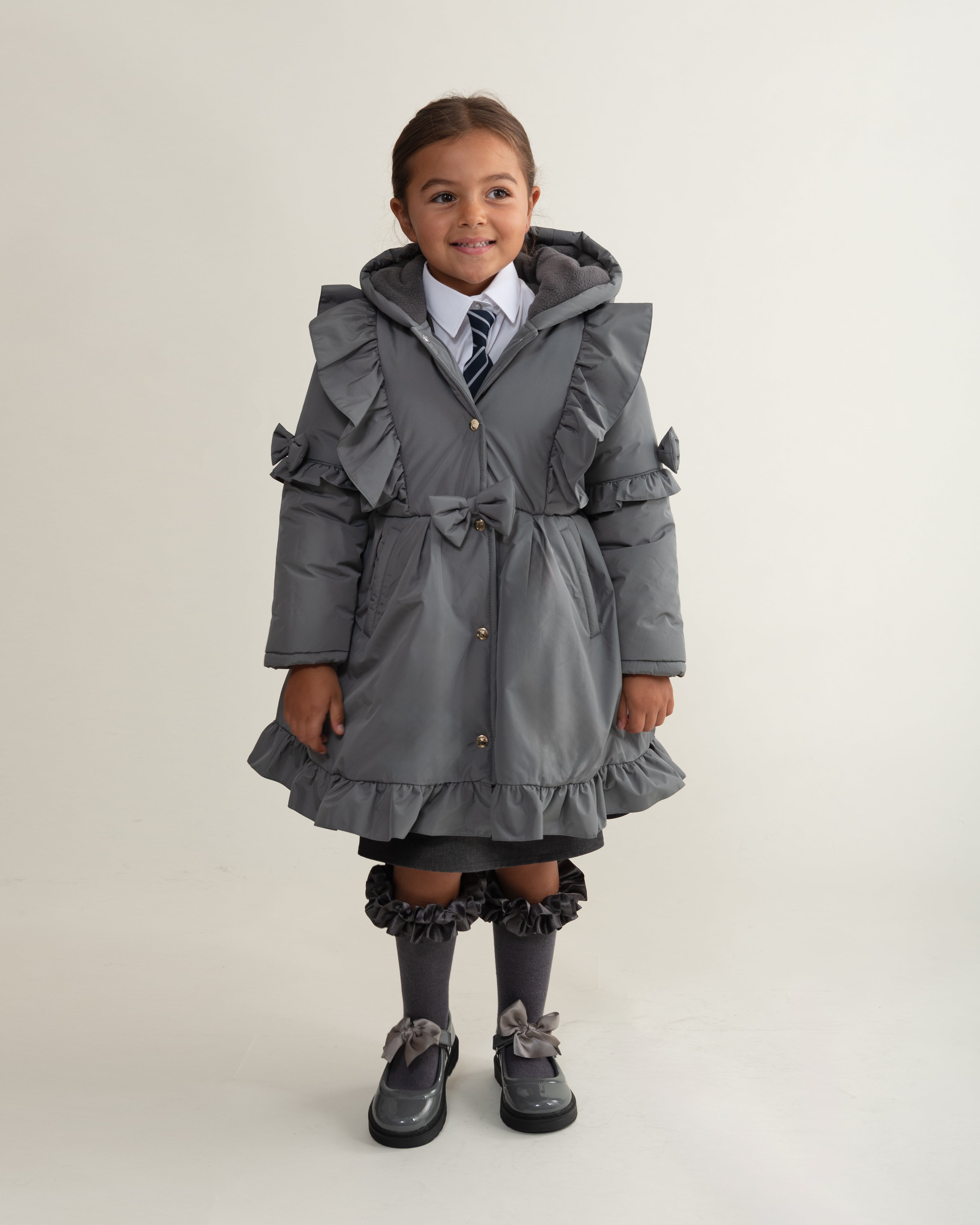 Grey Hooded Skirted Coat with Frill Bow Detail