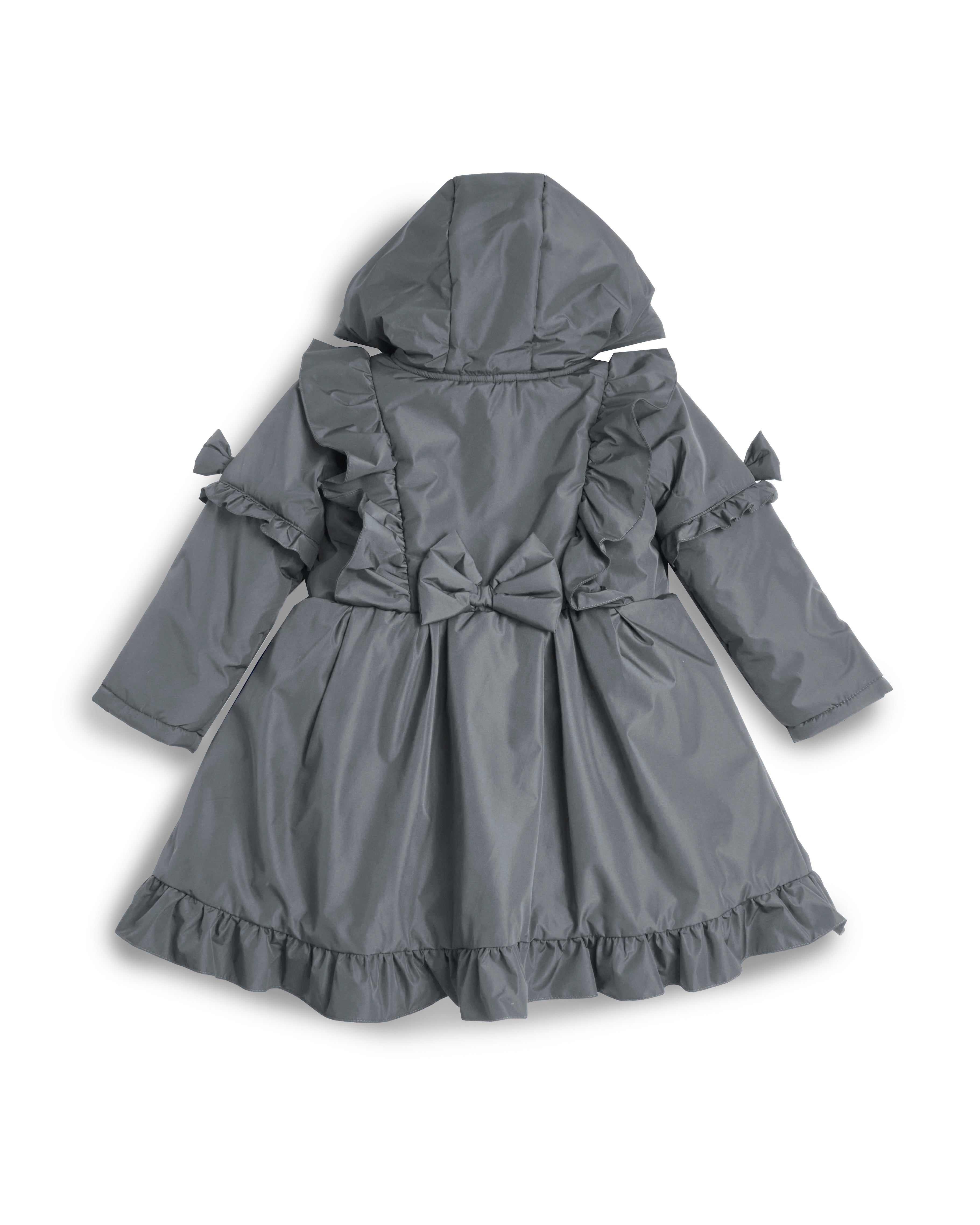 Grey Hooded Skirted Coat with Frill Bow Detail