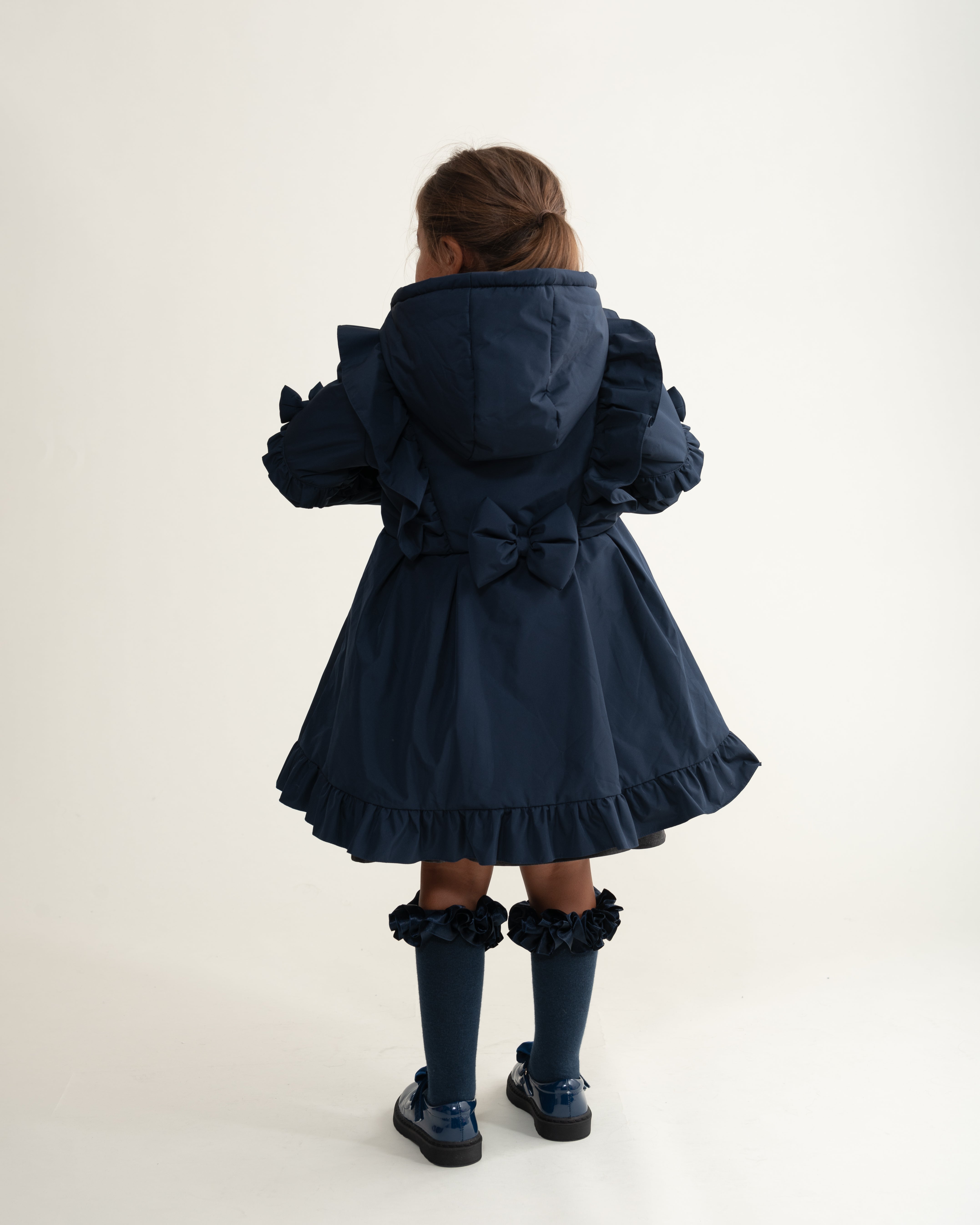Navy Hooded Skirted Coat with Frill Bow Detail