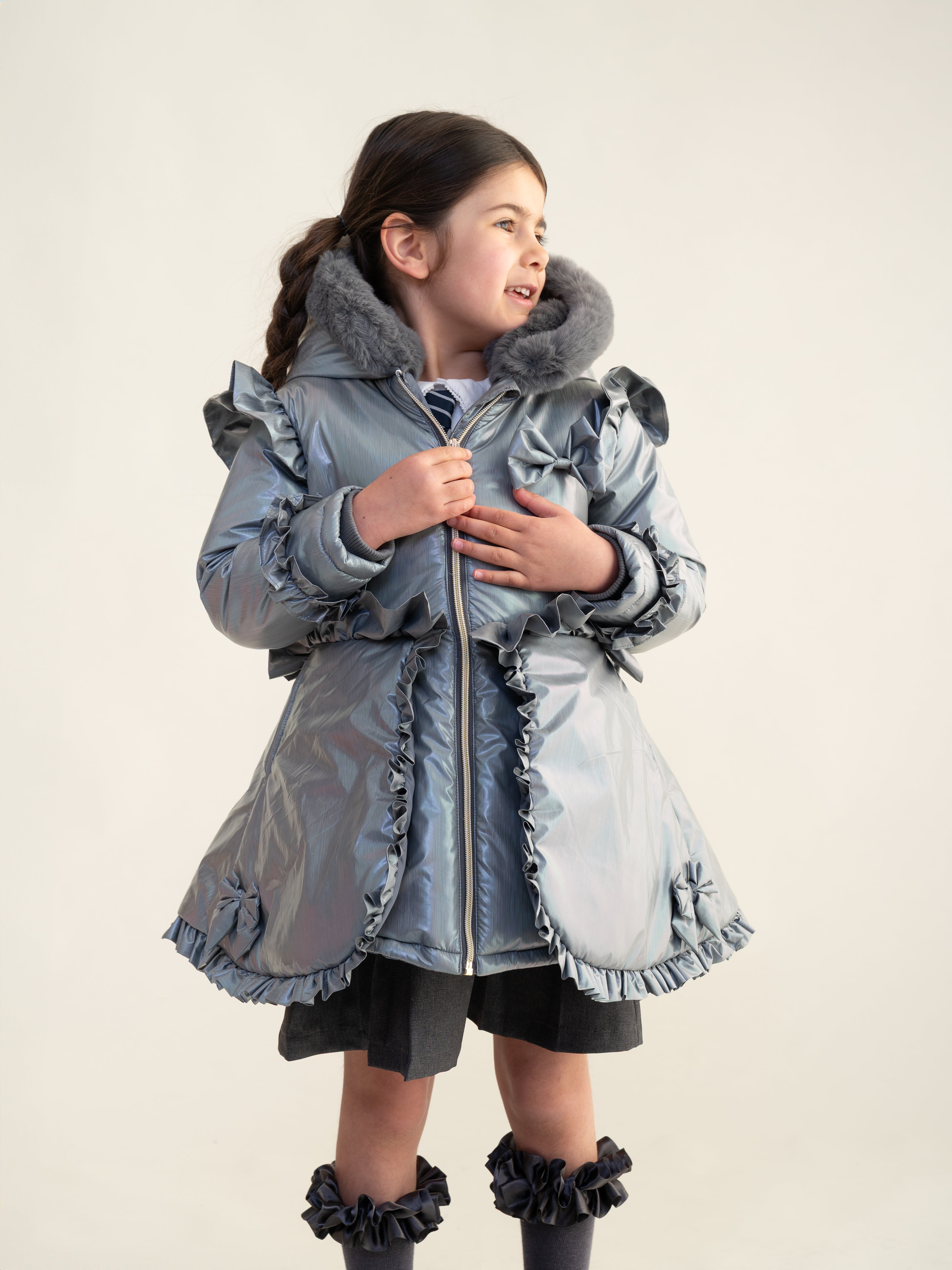 Grey Fur Trim Hood Peplum Coat