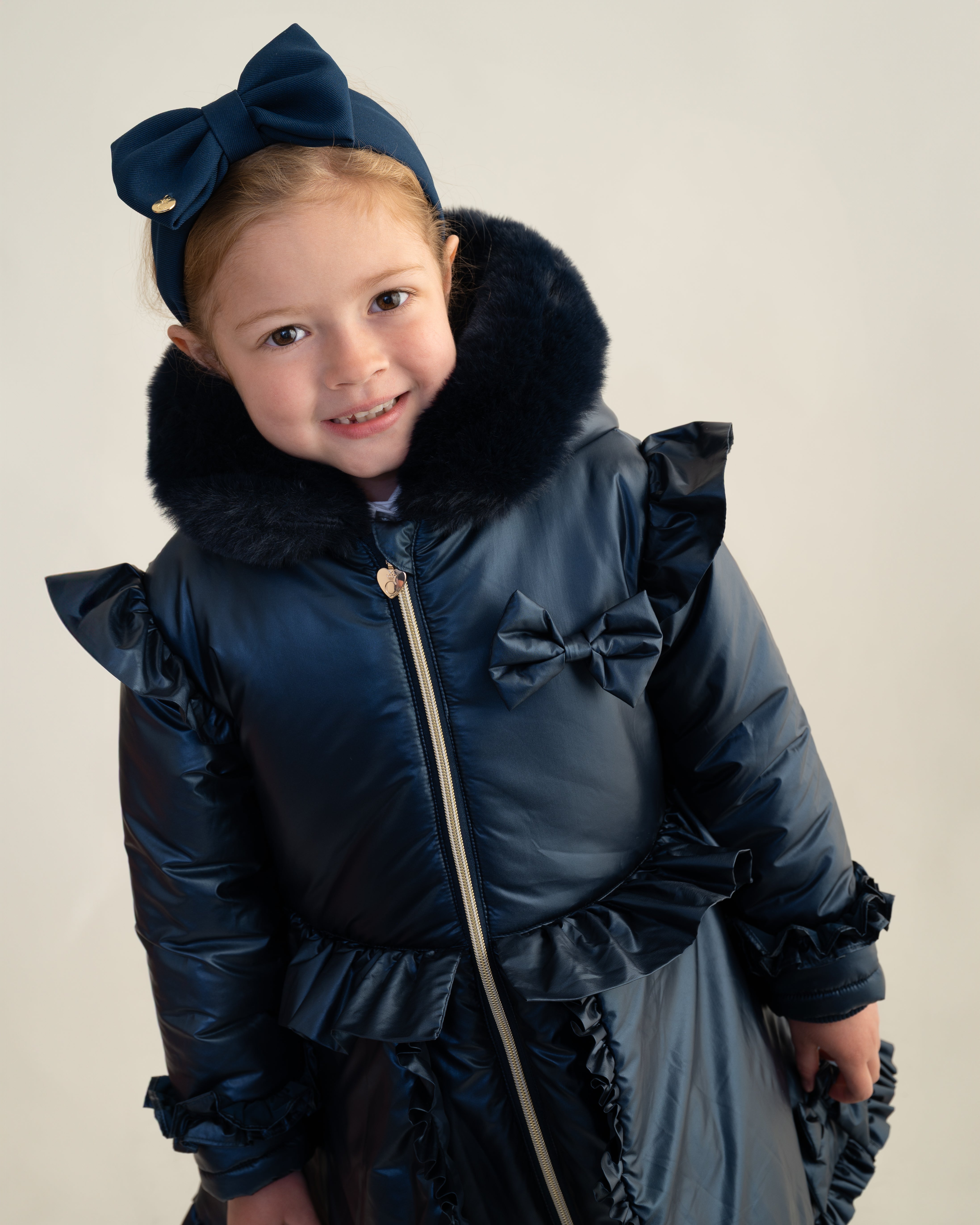 Navy Fur Trim Hood Peplum Coat