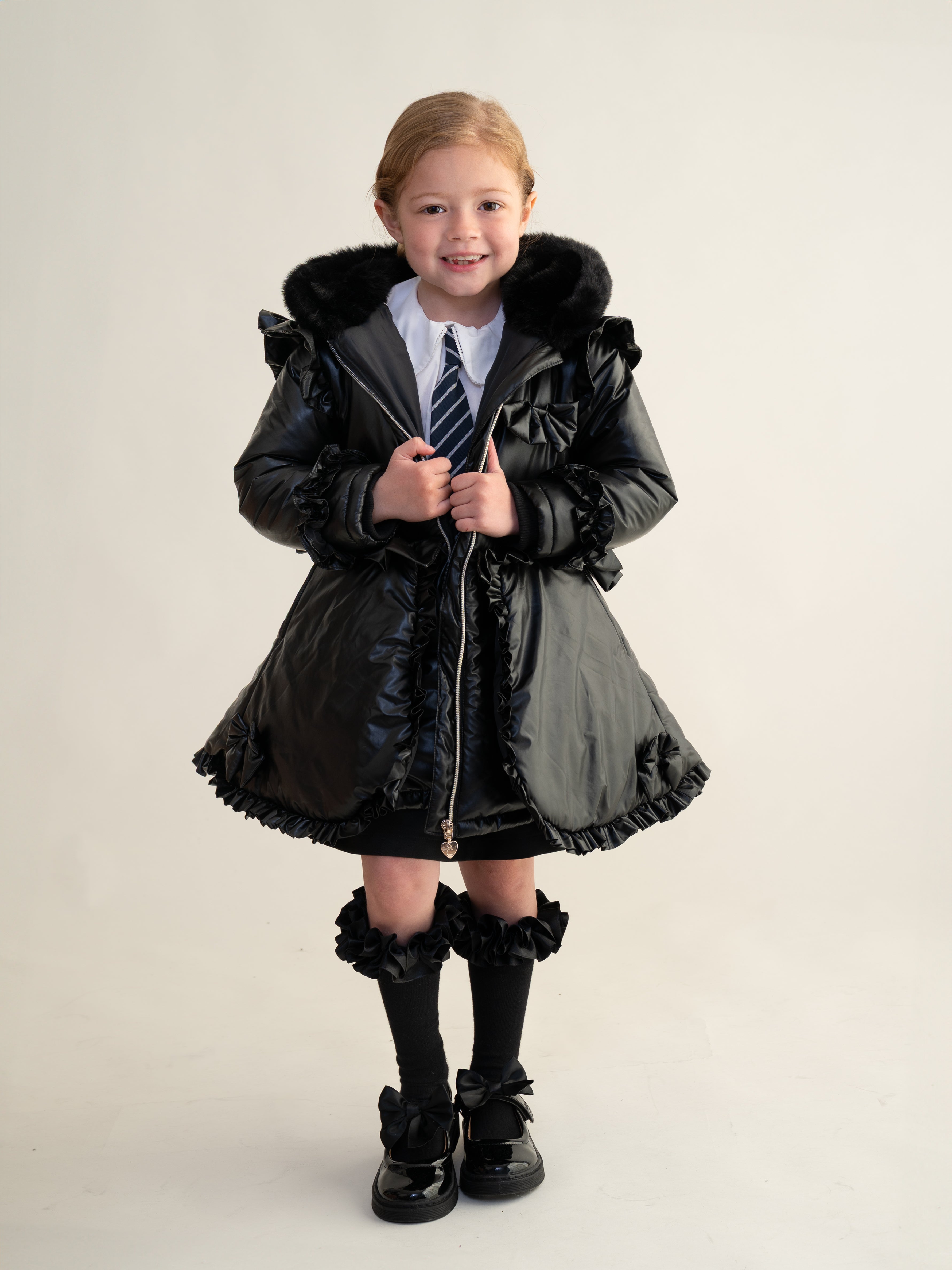 Black Fur Trim Hood Peplum Coat