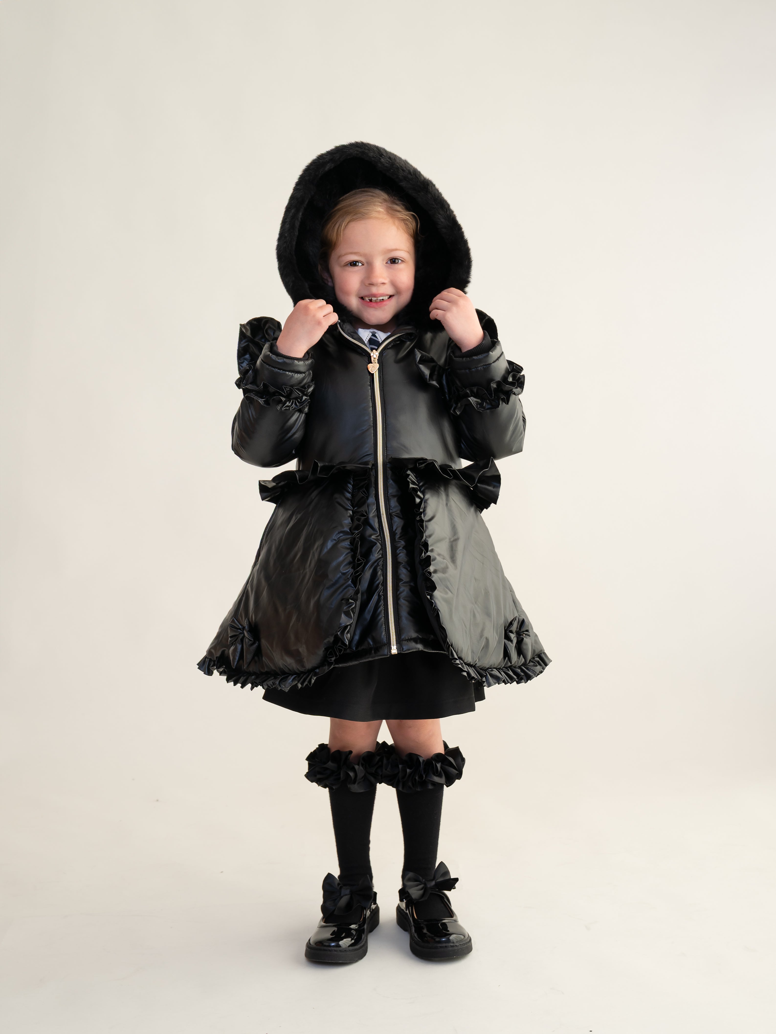 Black Fur Trim Hood Peplum Coat