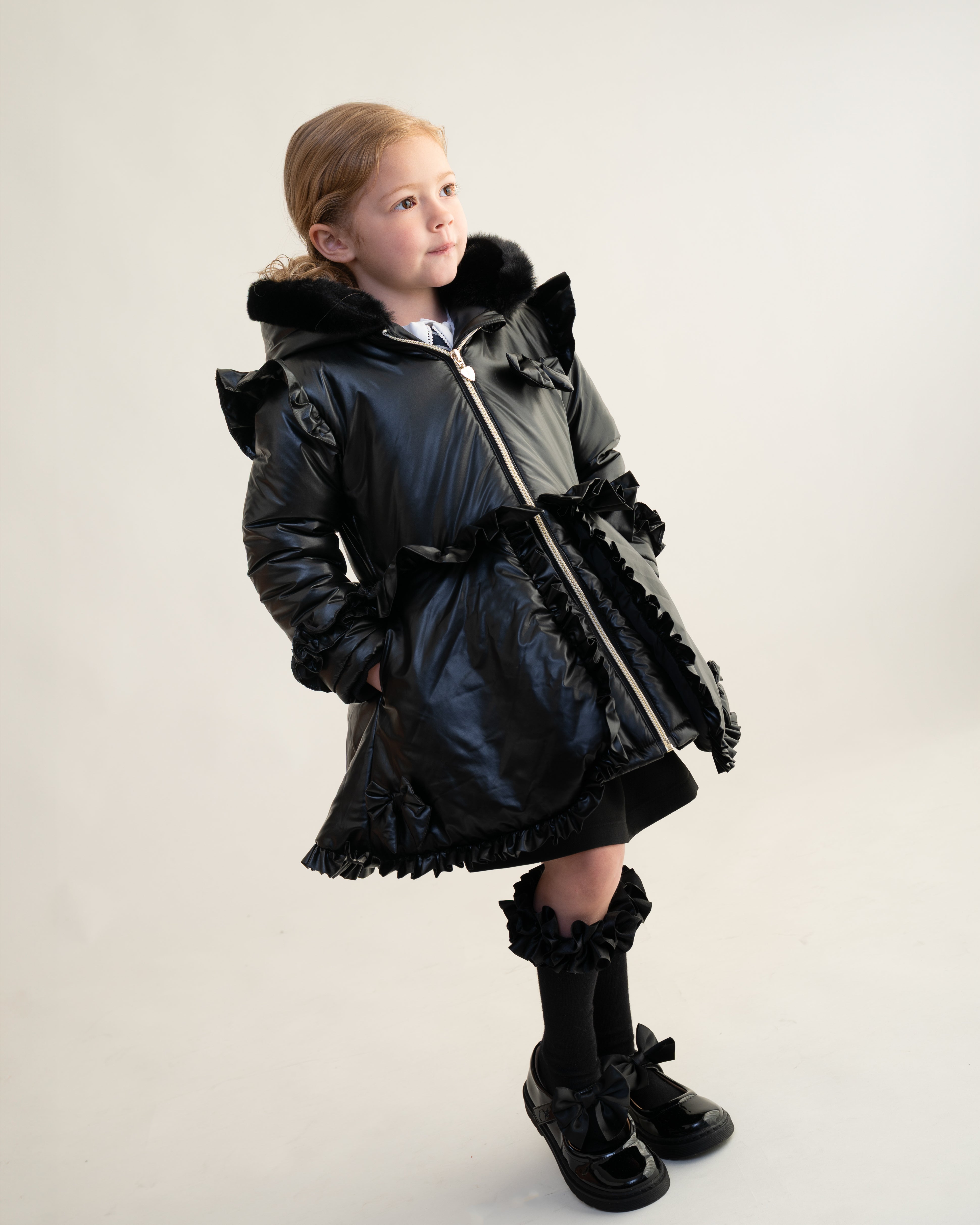 Black Fur Trim Hood Peplum Coat
