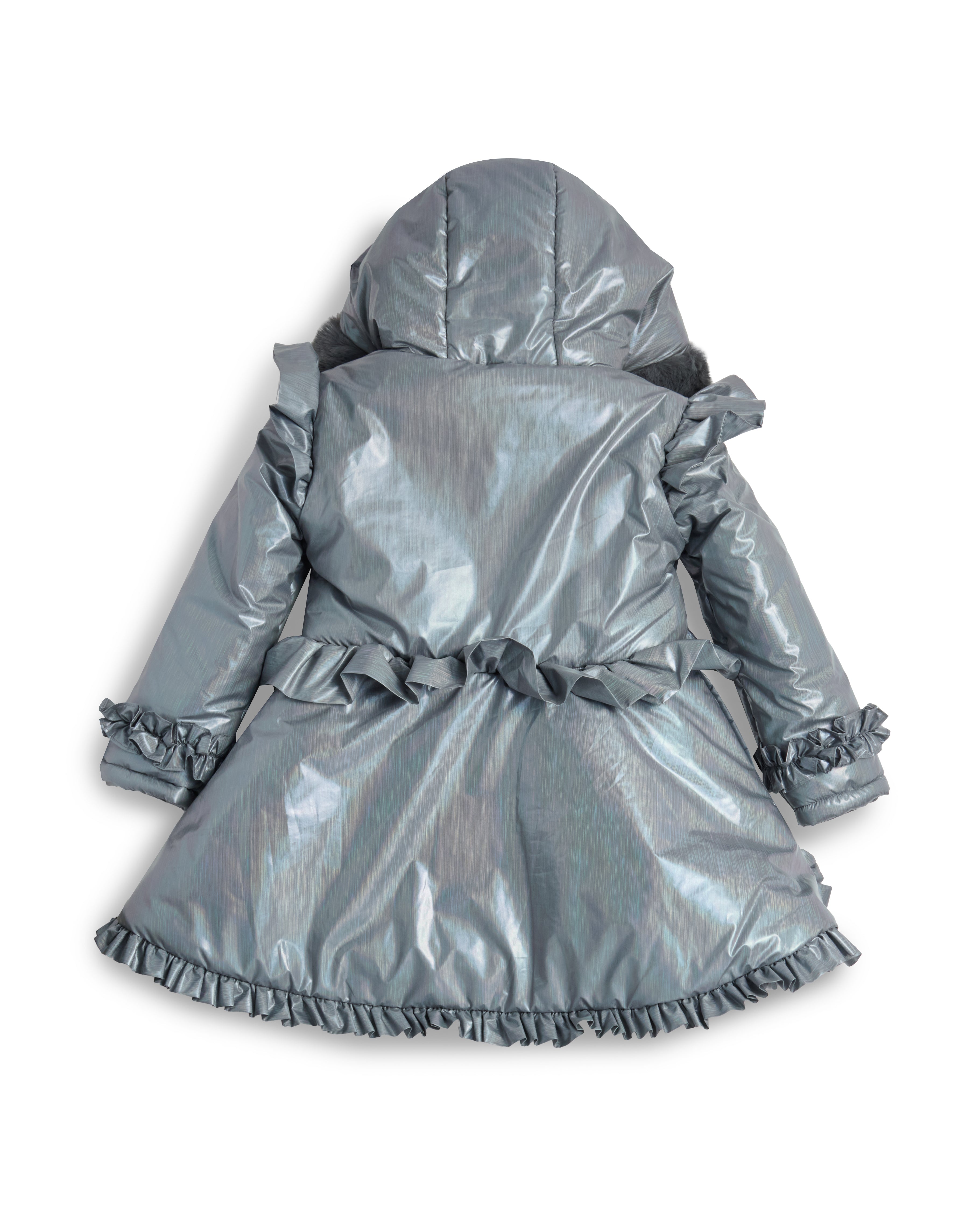 Grey Fur Trim Hood Peplum Coat