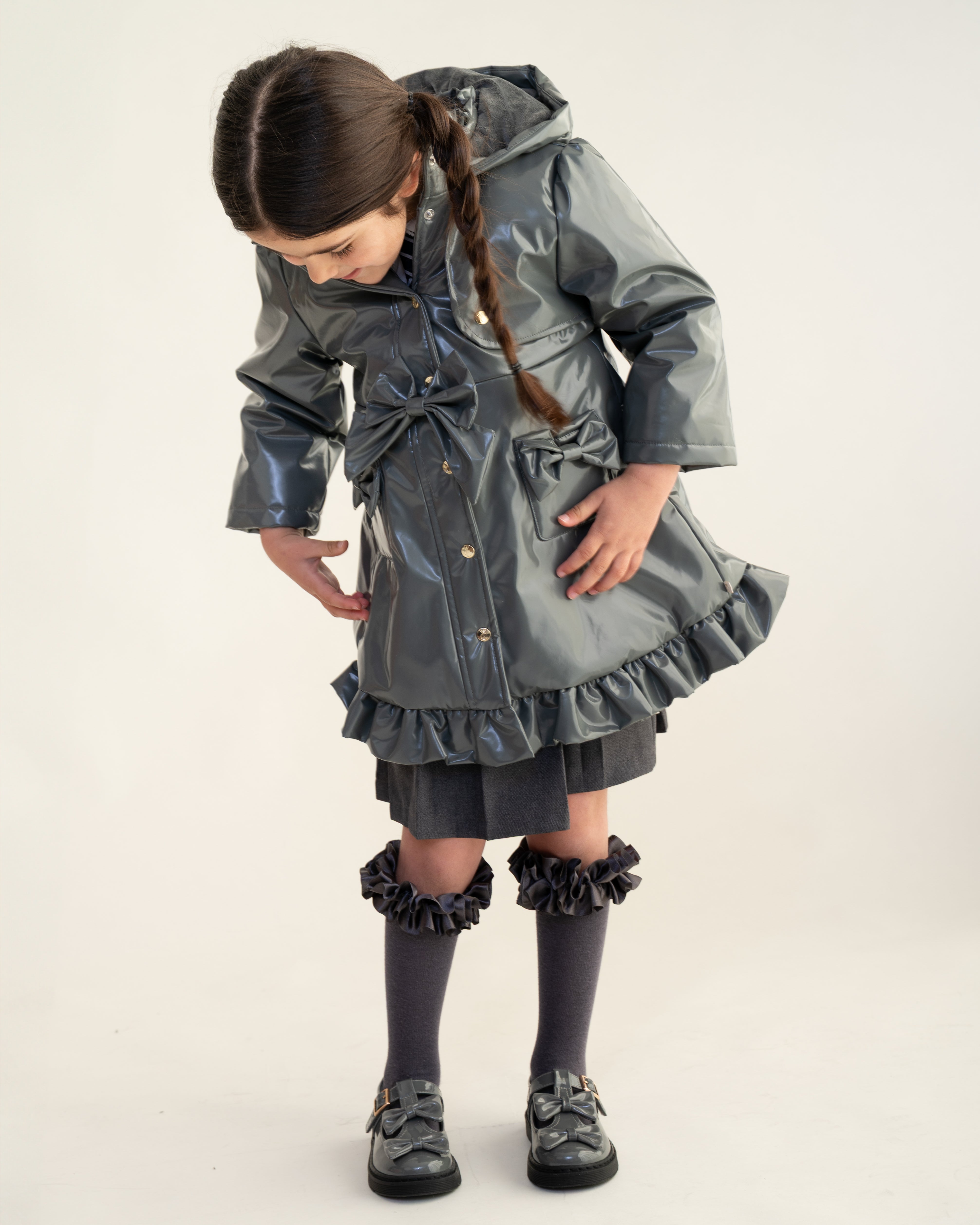 Grey Patent Hooded Raincoat with Frill Trim