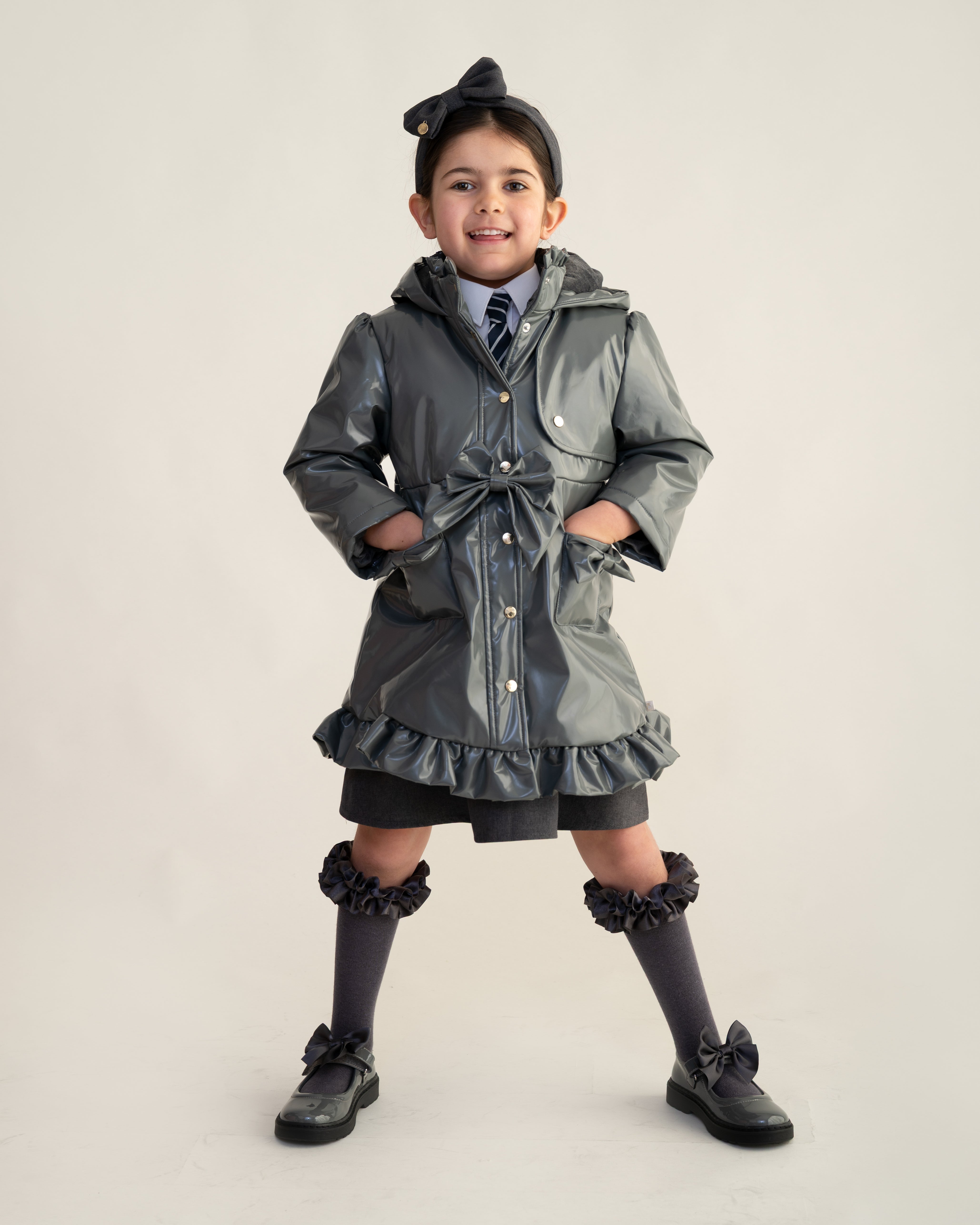 Grey Patent Hooded Raincoat with Frill Trim