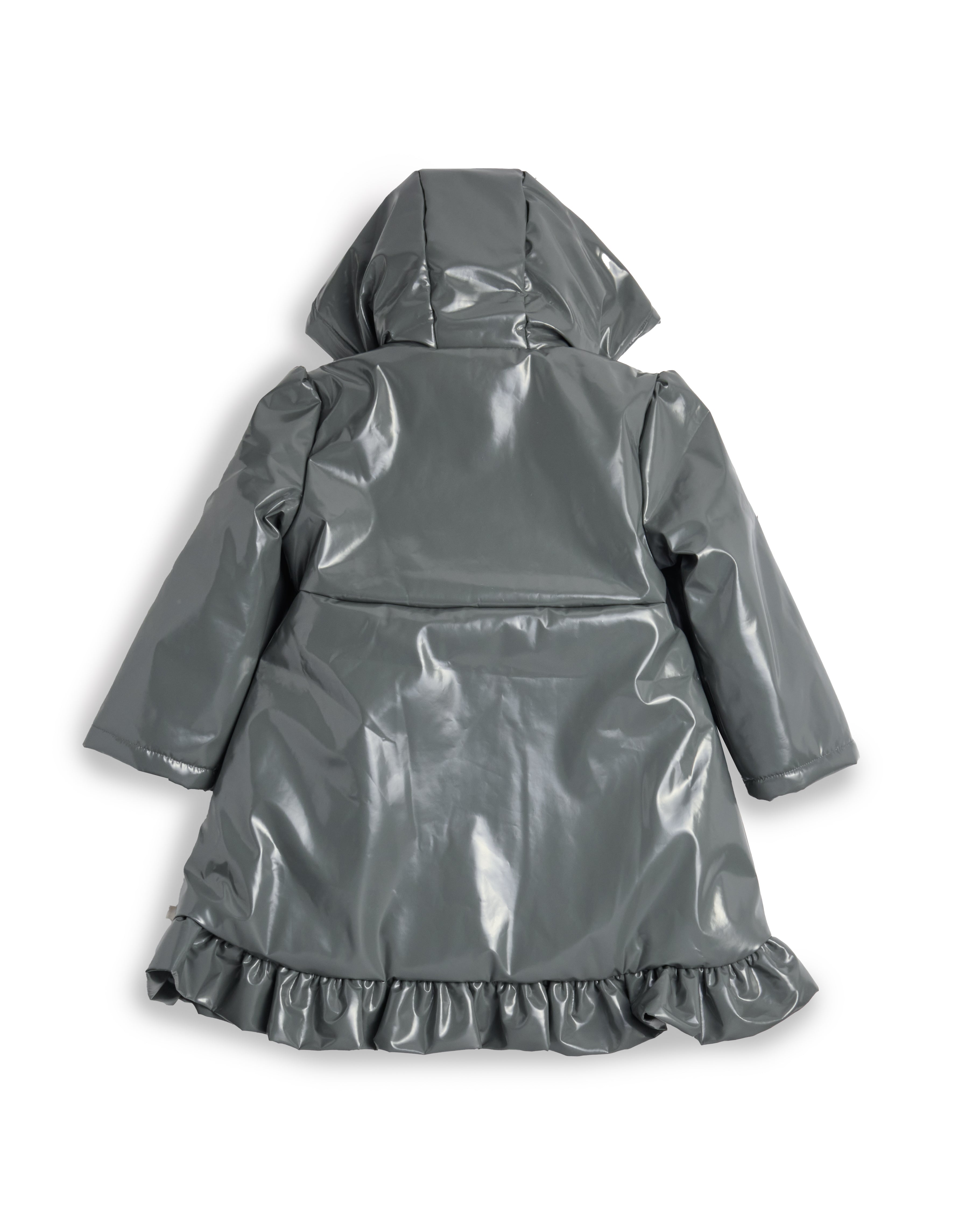 Grey Patent Hooded Raincoat with Frill Trim