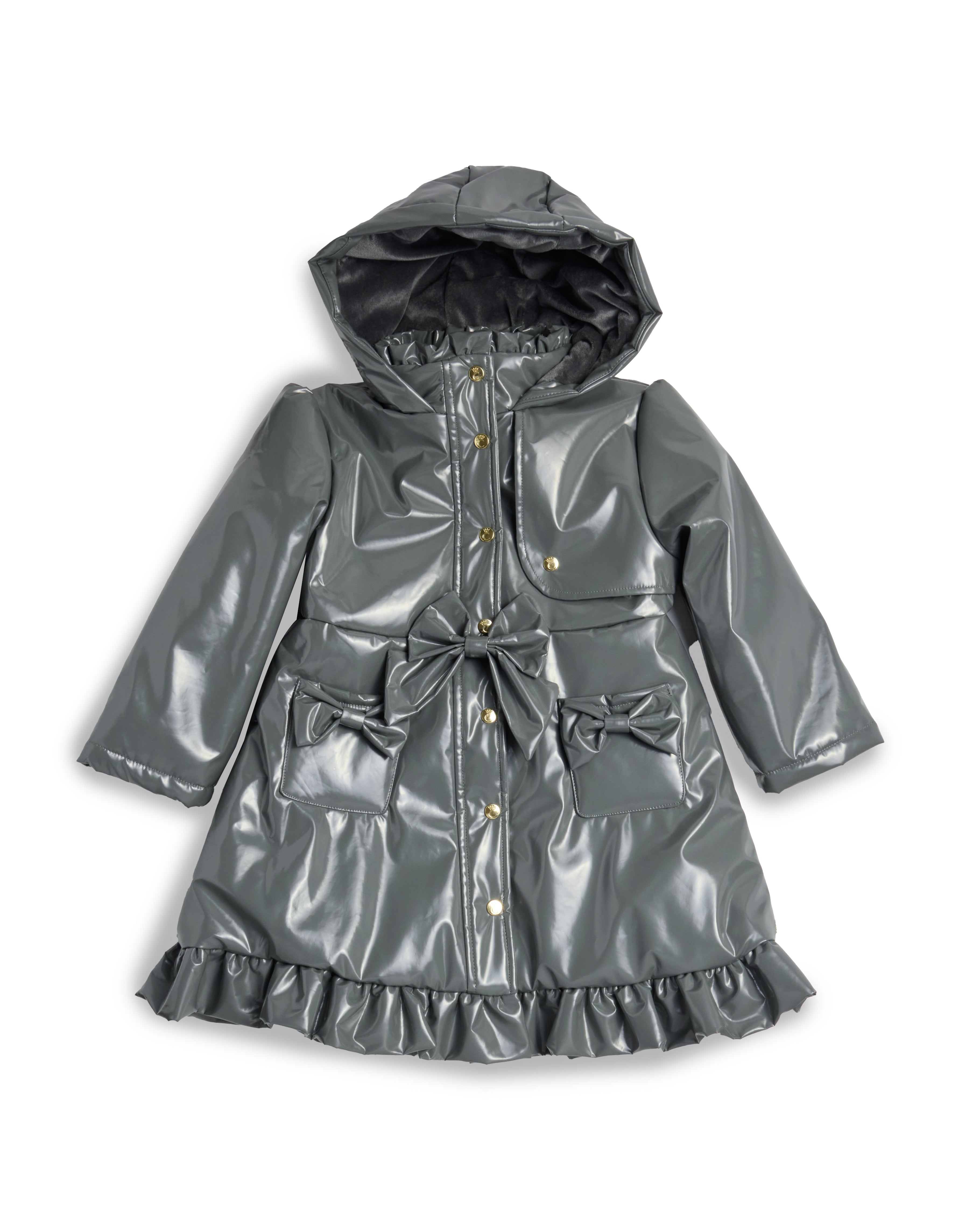 Grey Patent Hooded Raincoat with Frill Trim