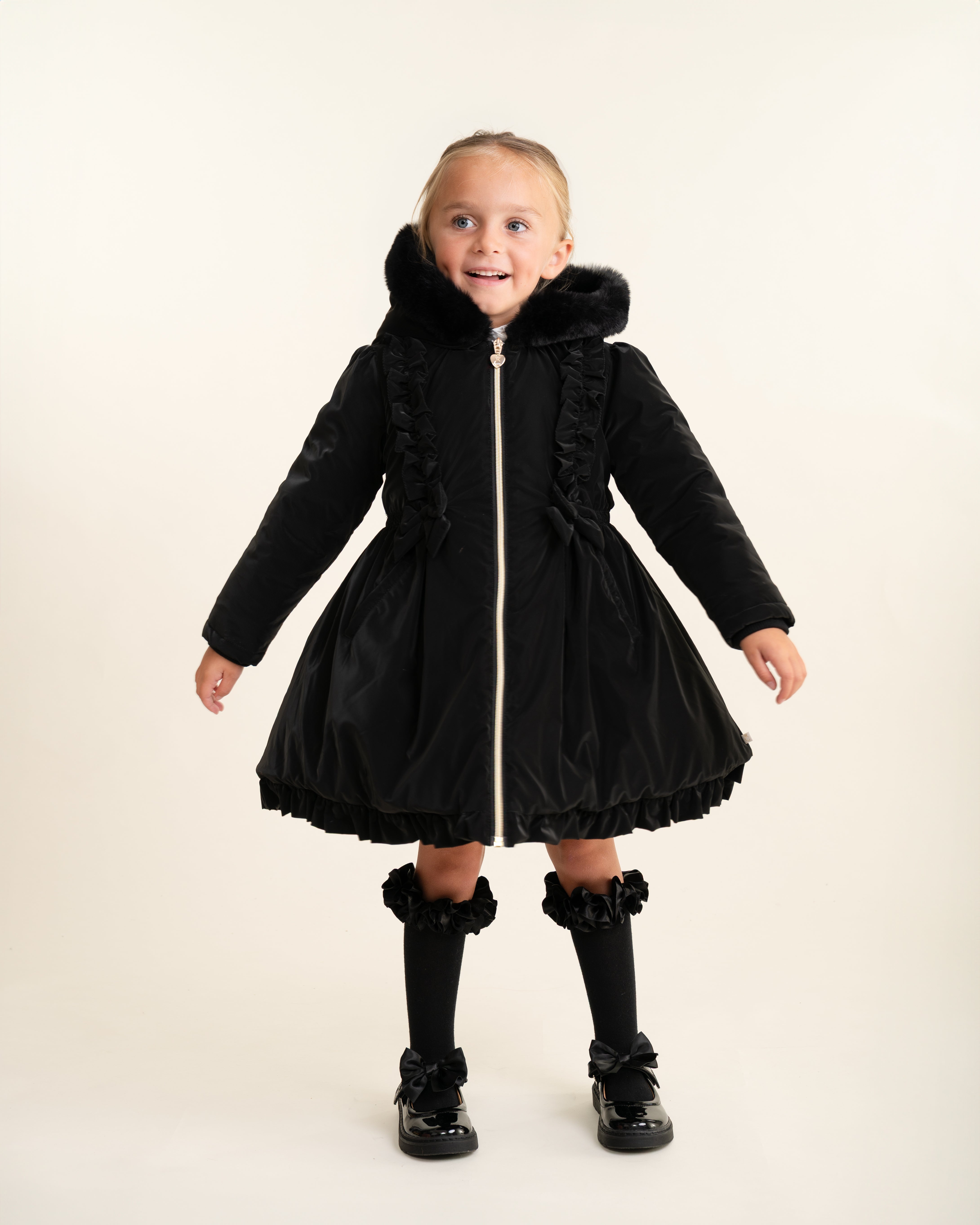 Black Faux Fur Frill Hooded Coat