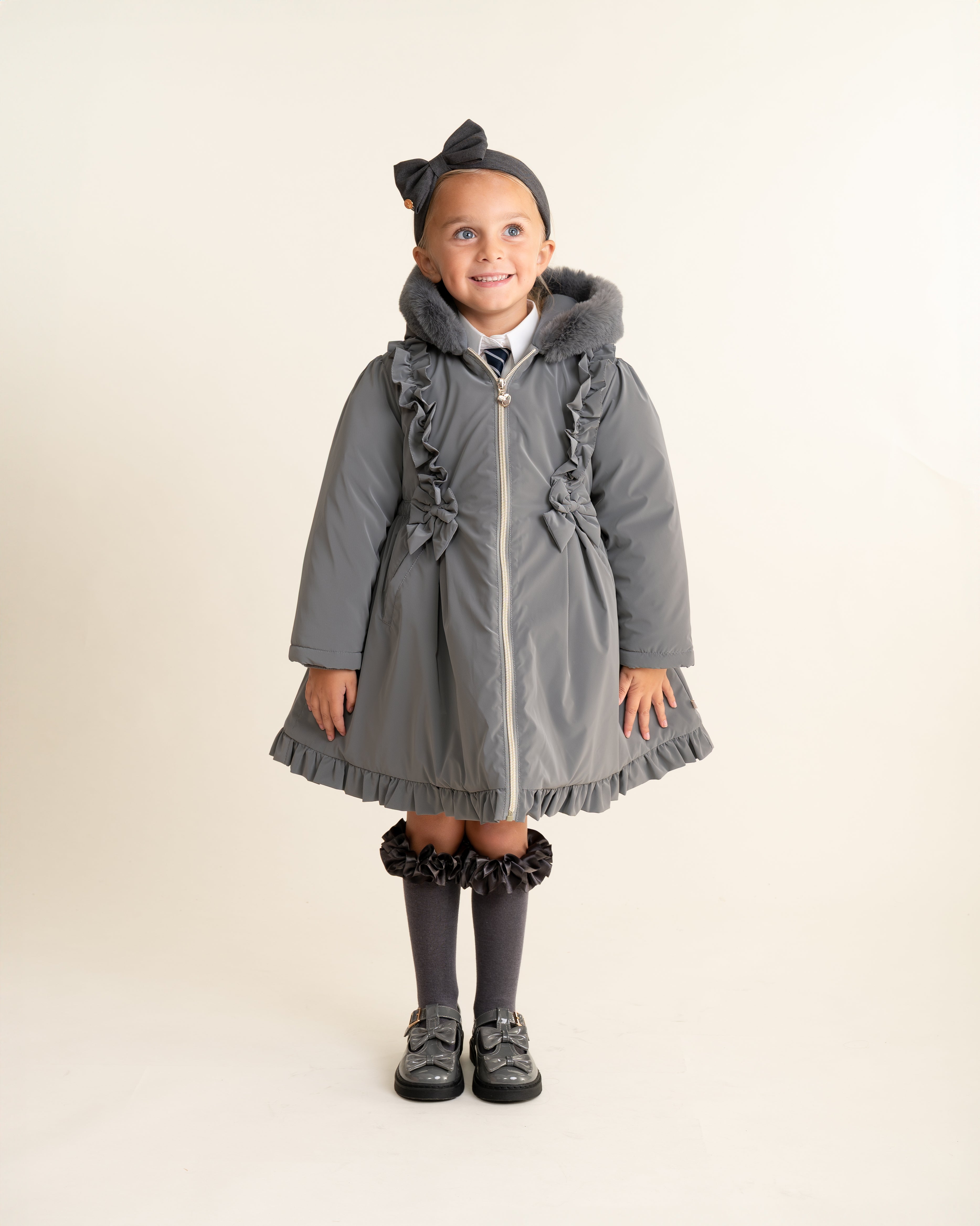 Grey Faux Fur Frill Hooded Coat