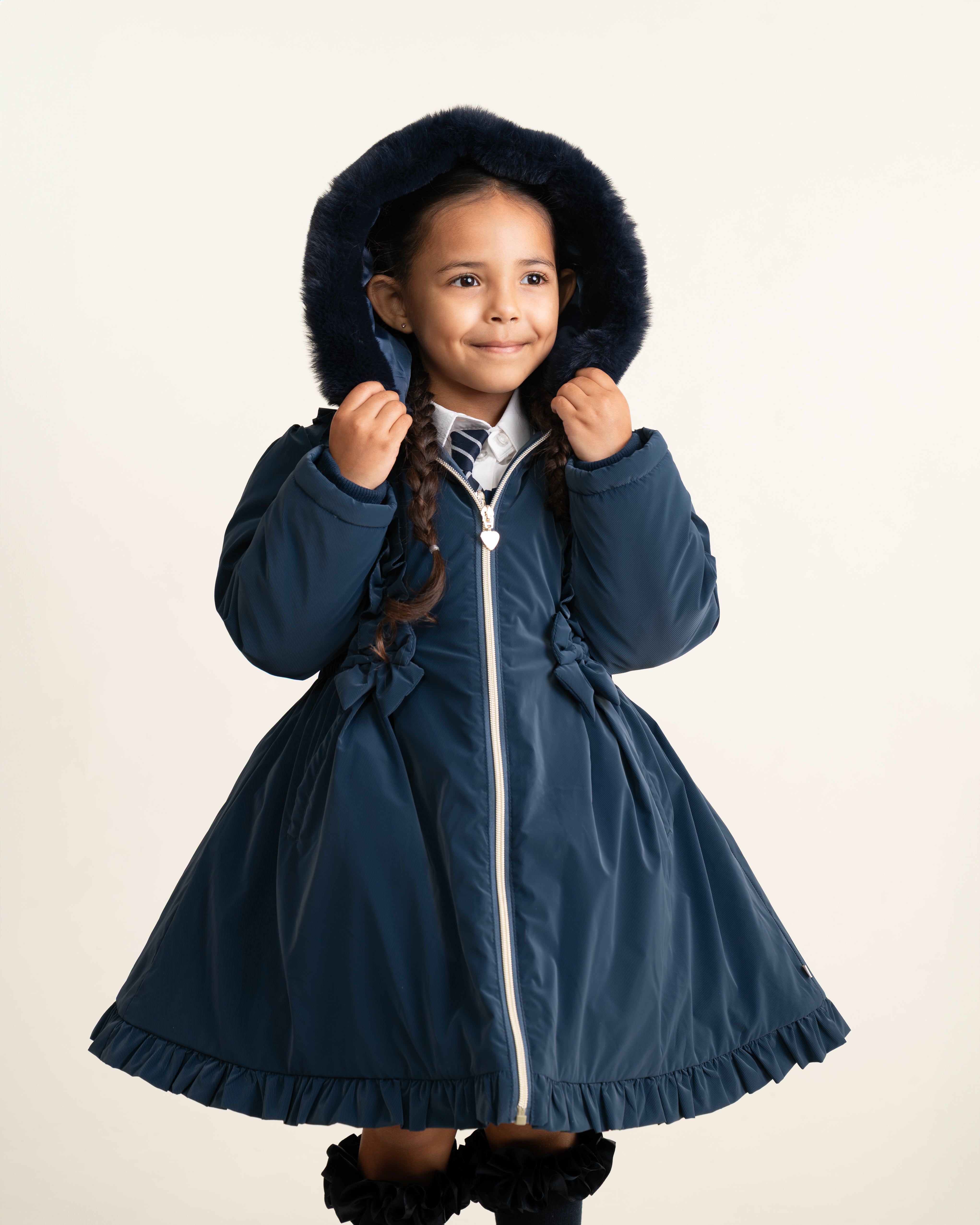 Navy Faux Fur Frill Hooded Coat
