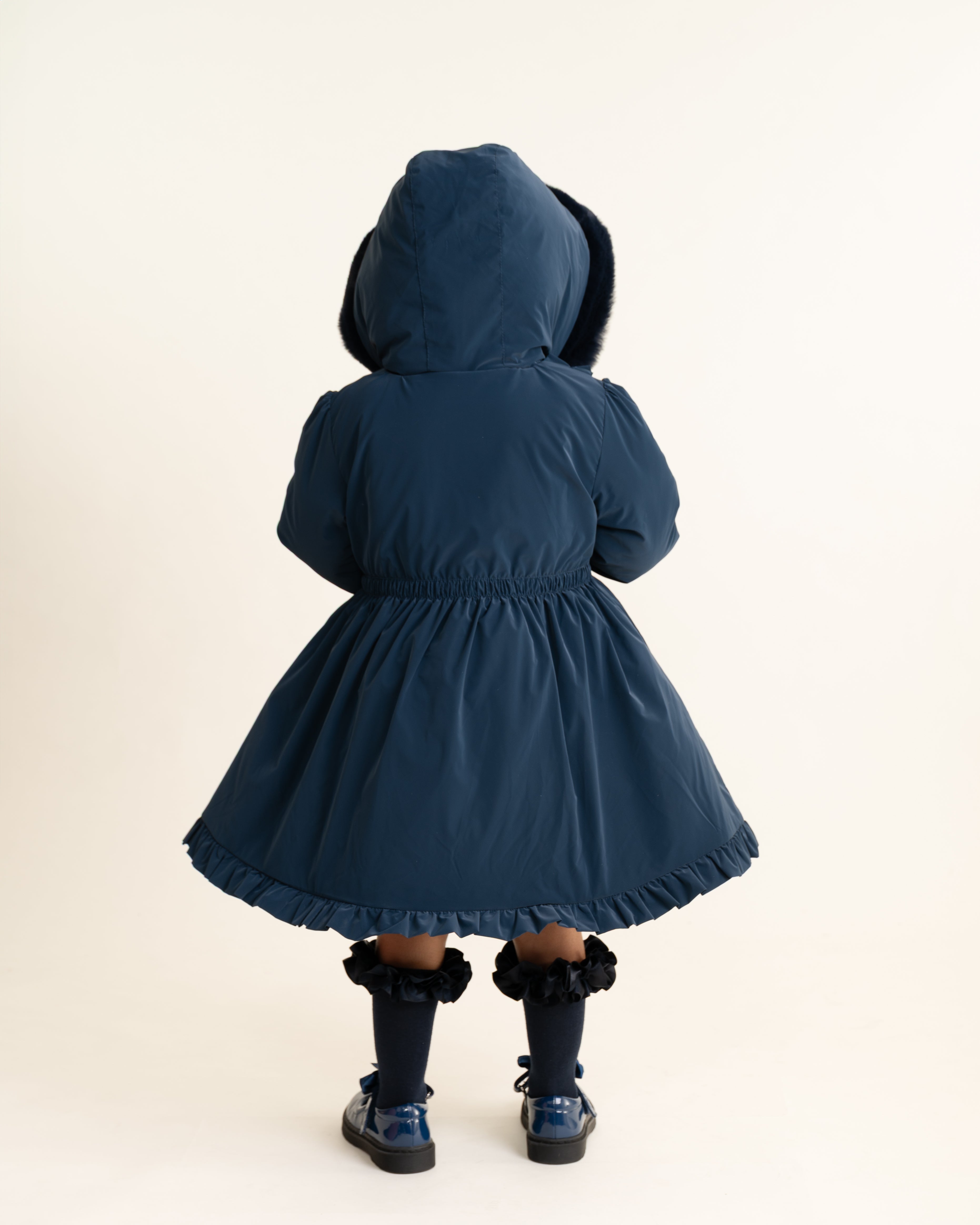 Navy Faux Fur Frill Hooded Coat