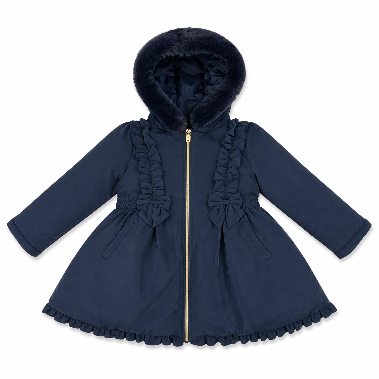 Navy Faux Fur Frill Hooded Coat