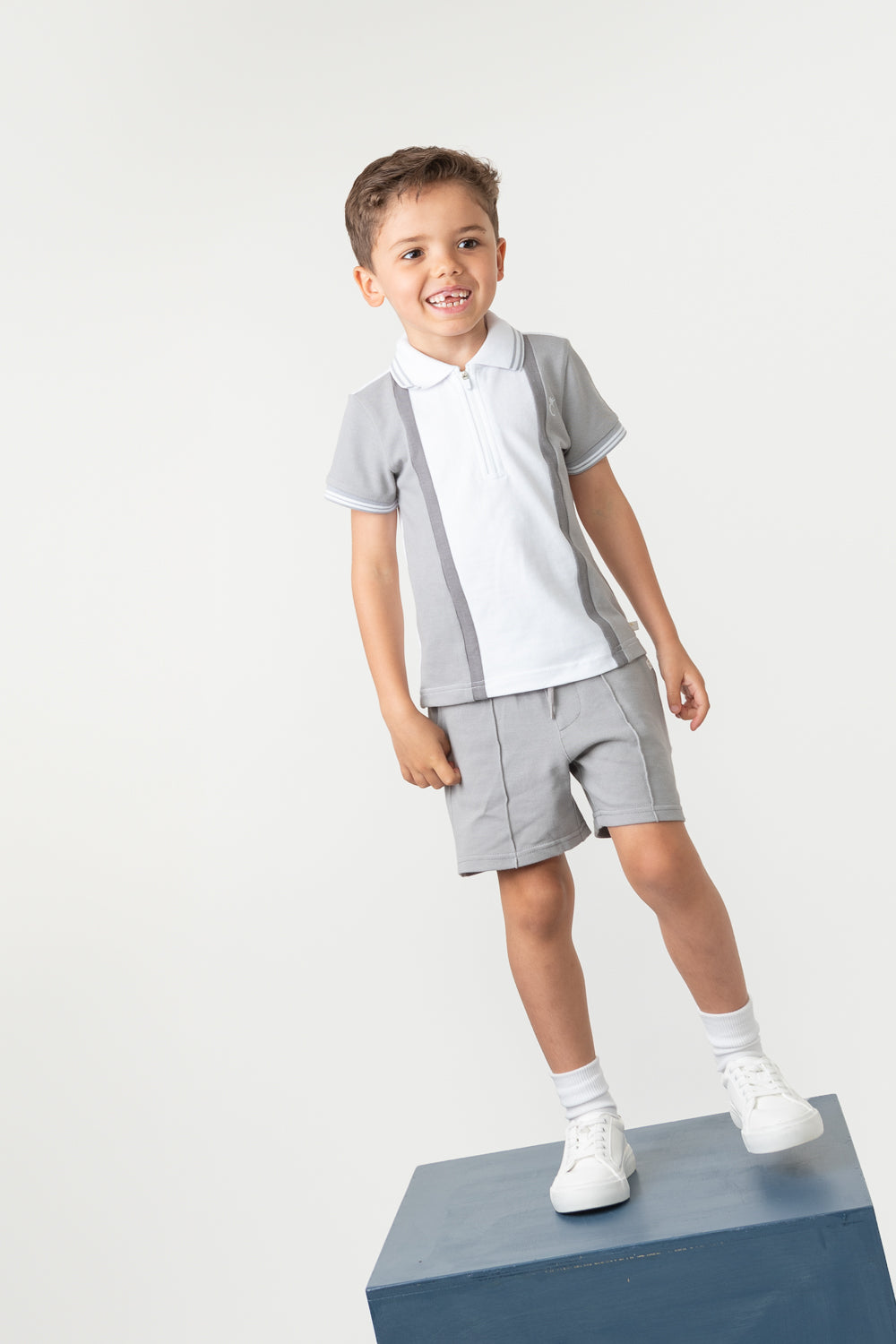 Grey Zip Polo Shorts Set