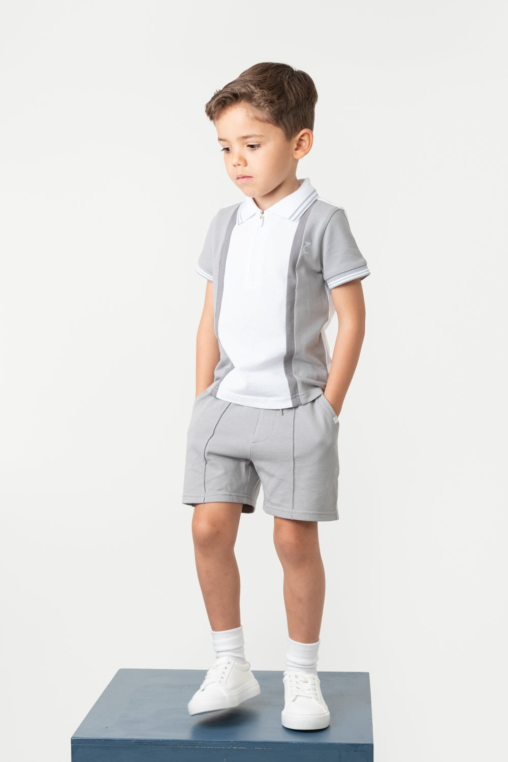 Grey Zip Polo Shorts Set