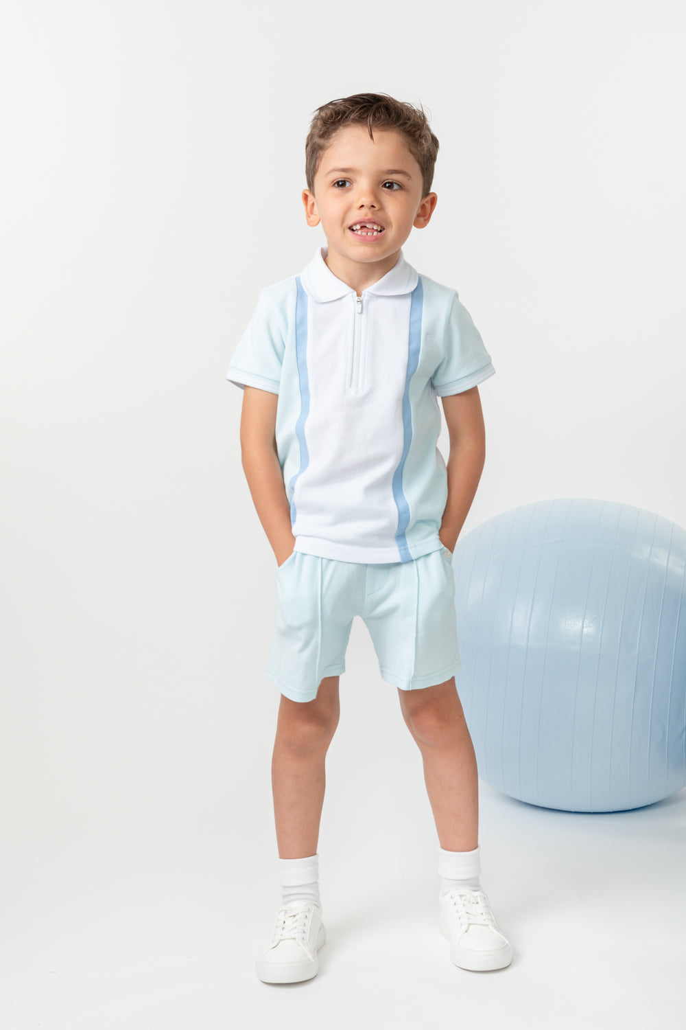 Sky Blue Zip Polo Shorts Set