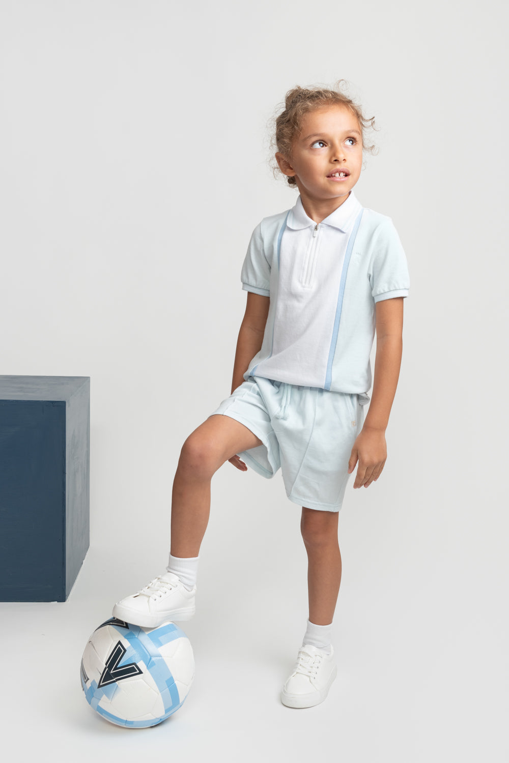 Sky Blue Zip Polo Shorts Set