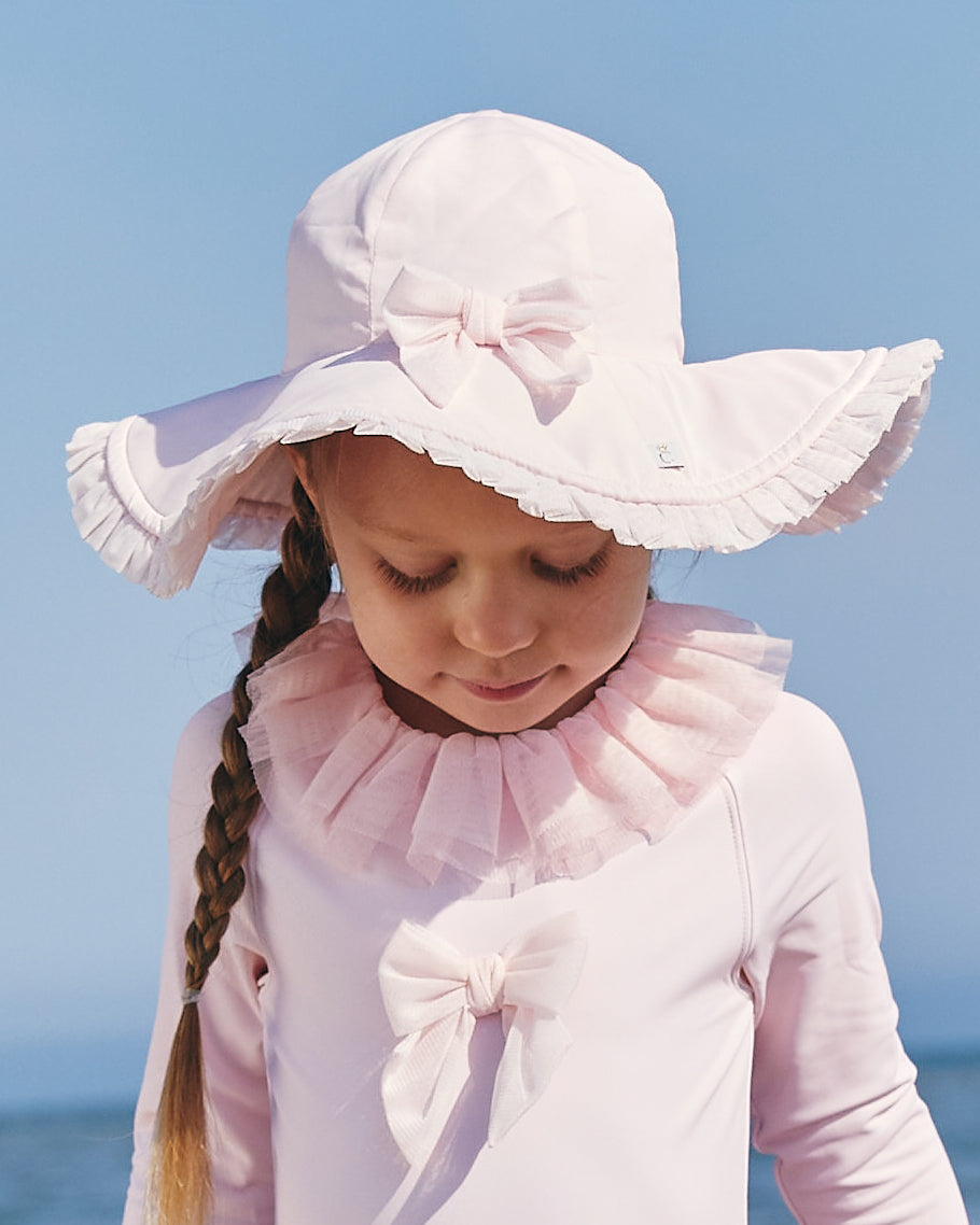 Pink Sun Hat with Bow and Tulle Ruffle Trim